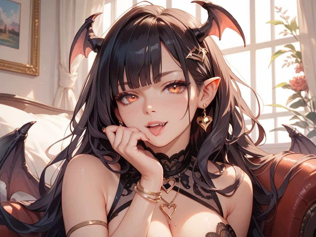 (masterpiece, best quality), 1girl, beautiful face, <lora:BridgelessBra:1> bridgeless bra, bridgeless bra, succubus, black theme
