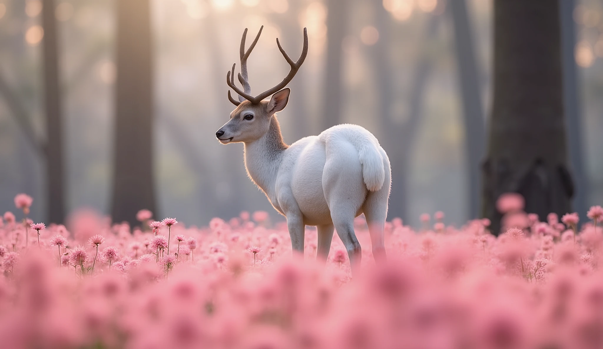  tamago cloth 、Creature Photos、Beautiful white deer、magicのファンタジーの森、Digital Art、the most amazing artwork in the world、((non-human))、Forest flower field 、soft and balanced pink、Forest Scenery、Seven color flower 々、Ultra High Definition、8k octane rendering、magic、wonder、flowers can be seen in 7 colors、complicated、complicatedな、complicatedなデザイン、 super sharp 、soft light shines in、 Cool colors 、CG Social Trends、Shining Eyes、((Highest Quality))、((masterpieces))、(details)、