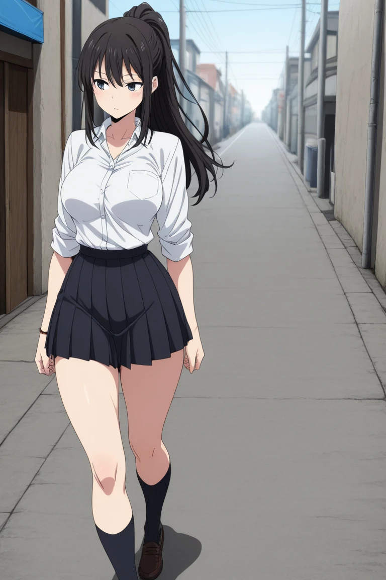 <lora:Nagatoro_V3:0.9>,
1girl, nagatoro hayase, skirt,  solo, hair ornament, brown eyes, hairclip, black hair, shirt, long hair, dark-skinned female,( blush:0.6), dark skin, sky, school uniform, kneehighs,  white shirt, black socks, pleated skirt, blue skirt, outdoors, city, street, upstairs,
 embarrassed,  angry, looking at viewer, 
skirt lift,  cute panties,
from below,