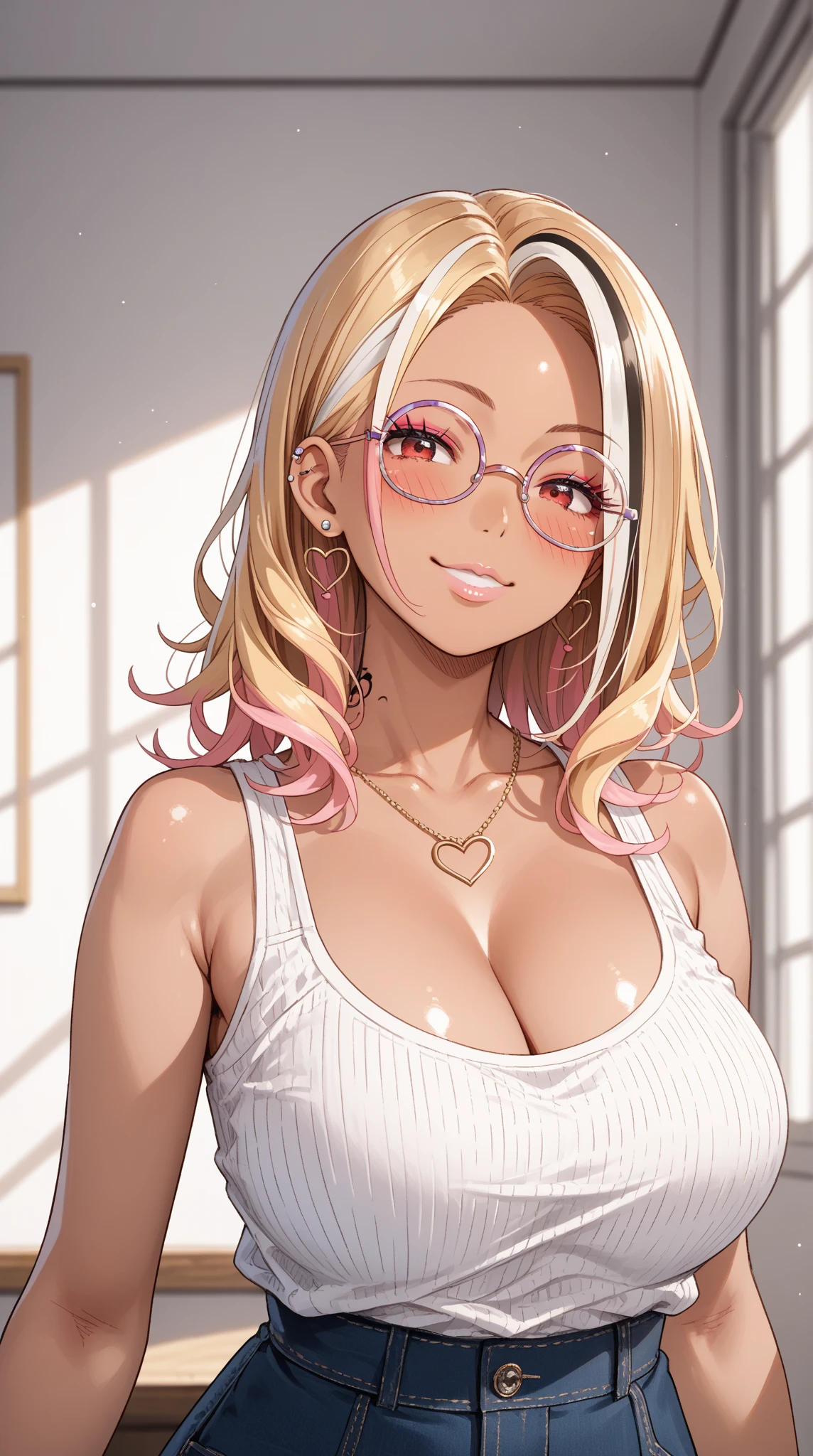 ecchi anime character. young African American woman with a smiling personality and big breasts, light brown curly hair and light brown eyes. She wears round glasses and chains and pendants around her neck and a pink choker with a silver heart. She wears a black lace lingerie set and a red silk robe tied loosely around her waist..