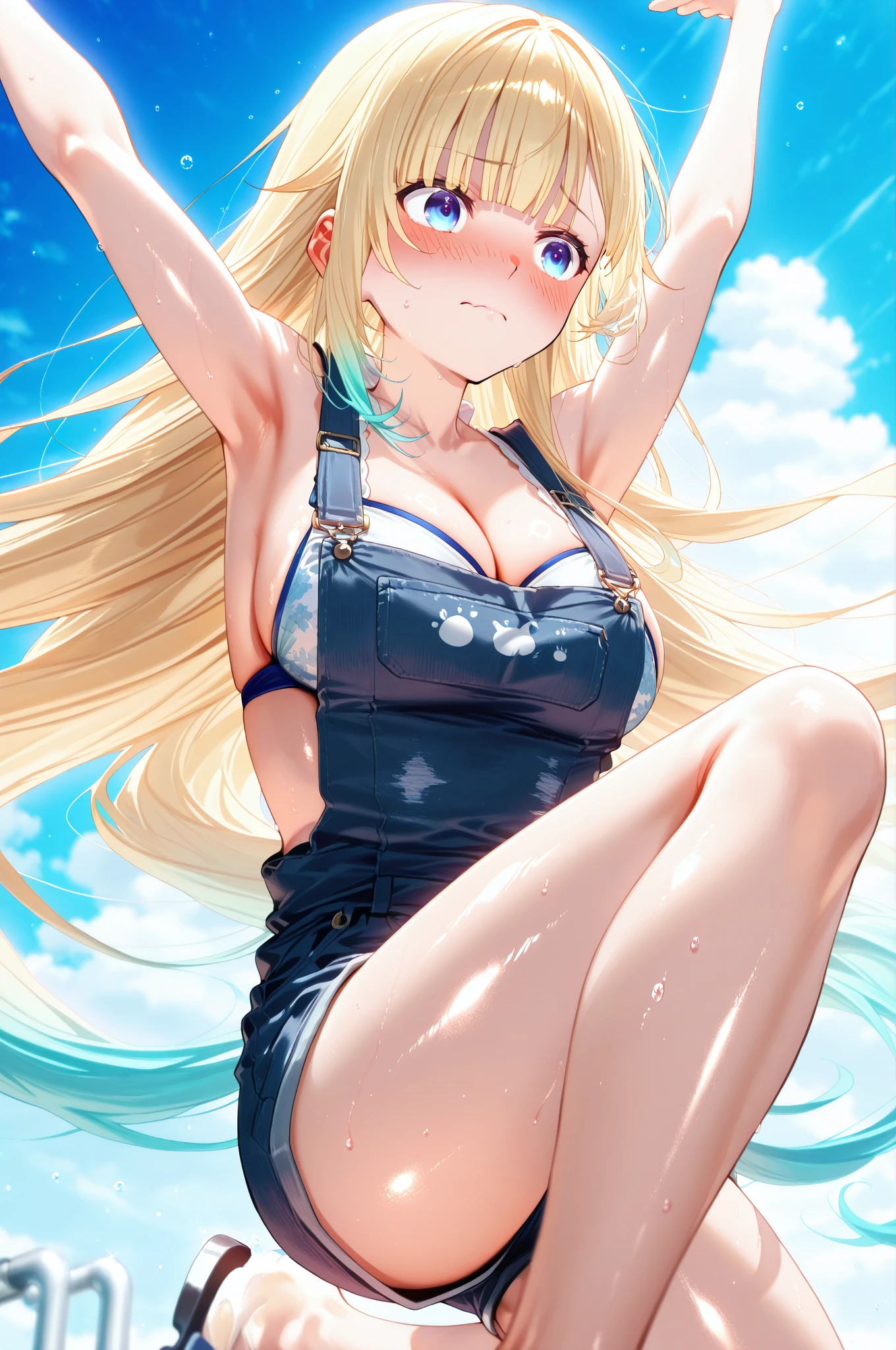 1girl, Kurashiki Reina, breasts, swimsuit, blonde_hair, solo, long_hair, blue_eyes, outdoors, navel, one-piece_swimsuit, cleavage, smile, looking_at_viewer, beach, day, sky, large_breasts, armpits, huge_breasts, thighs, black_one-piece_swimsuit, blue_sky, arm_up, collarbone, ocean, arm_behind_head, o-ring, rock, slingshot_swimsuit, closed_mouth, tree