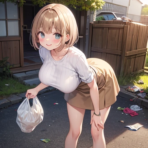 masterpiece, best quality, highres, 1girl, sack race, brown pants,  pants pull, completely nude, embarrassed, blush, field, looking at viewer, big breasts, kneeling <lora:sackRace:0.6>, (anime:1.3)
