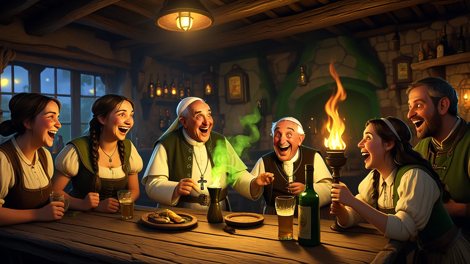 There is a group of men and women talking inside a tavern, ((((focus on expressions of astonishment)))), (((it's night))), ((People drinking)), (tavern keeper listens to the stories),