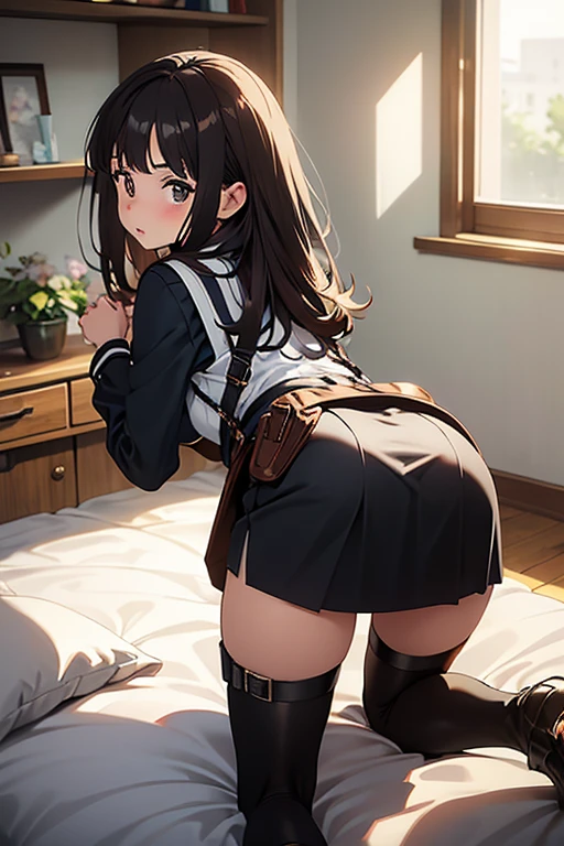 (((Stretch your legs and turn your buttocks)))、((Shiny underwear)))、Uniform Blazer、Beautiful beauty、clean golden hair、((whole body))、(((Photo taken from below)))、school gate、Large Breasts、Big Breastini skirt、Panties are white lace、Japanese、expensive、Long limbs、Black gal(Dark Skin:1.2)、Hairstyle: Long hair