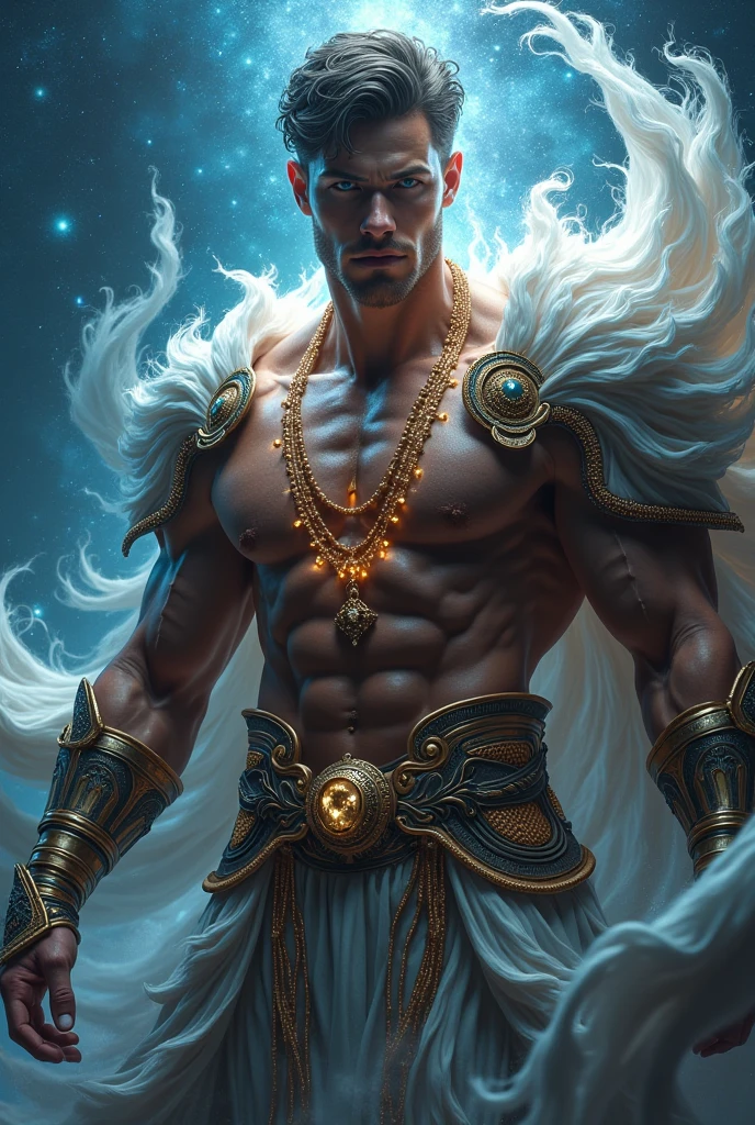 Depict Atum creating Shu and Tefnut in Egyptian mythology. Atum is a male figure, around 4, with smooth golden-brown skin and intense dark amber eyes. His hair is short, curly, and black with streaks of gray. His face shows deep concentration and power as he brings life into existence. He wears a simple white kilt and a golden crown, his muscular build glowing with divine energy. Shu and Tefnut are emerging from his presence, depicted as swirling forms of air and moisture. The background features the chaotic waters of Nun and the first rays of creation illuminating the scene. Use masterpiece, best quality, CG, wallpaper, HDR, high quality, ultra detailed face, cinematic, high detail, 8k, raw, high, artstation HQ, unreal engine, octane renderer, 4k resolution, hyperrealistic, highly detailed, and absurdres settings