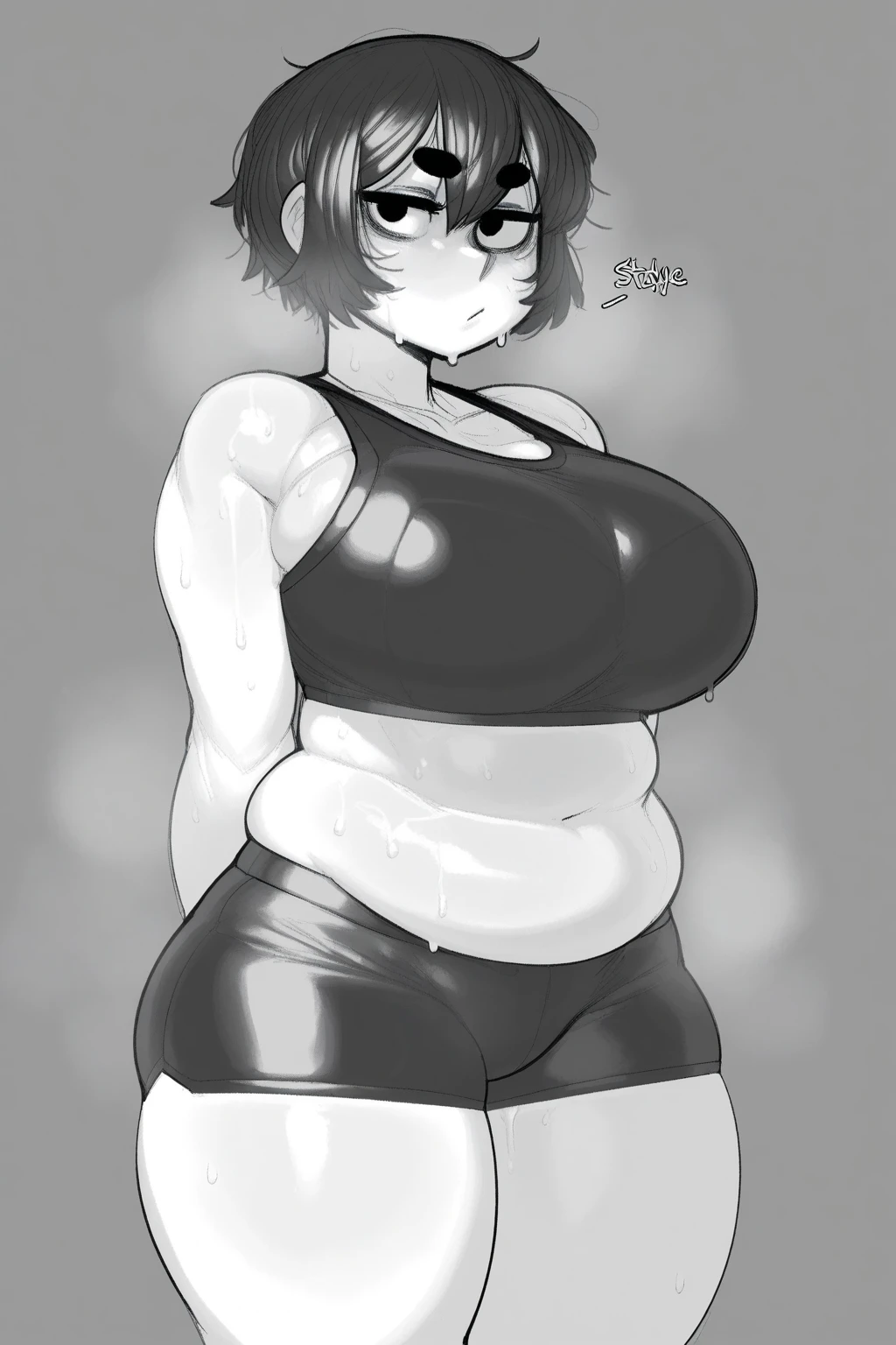 masterpiece, best quality, ultra-detailed, Potrait of beautiful , (chubby) (sexy), (plump), (((tomboy)), (anime), (Saggy breasts), (Plump), ((very short hair)), (boyish), (muscular), (little brat), (naughty), (young), (overweight), (Short Hair), (pudge face), (cblue eyes), (nude), (Gray Hair), (cleavage), (fullbody), (Vulgar behavior)