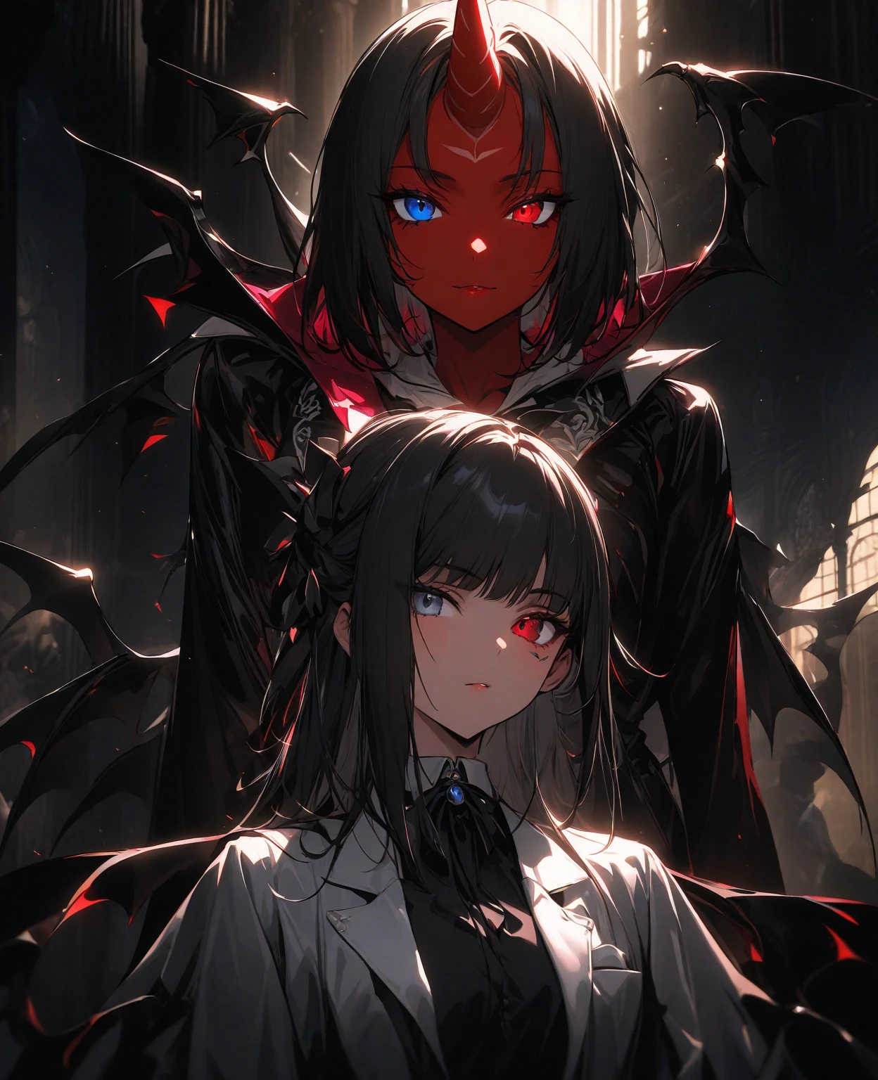 Red eyes, vampir teeth fangs, booldy face, blood out of mouth, smirk,bat wings, scary smile, psychopathic smirk, psychopathic smile, scary, mouth opem, angry eyes, vampire, dark hall background, red + blue + green, dark red background