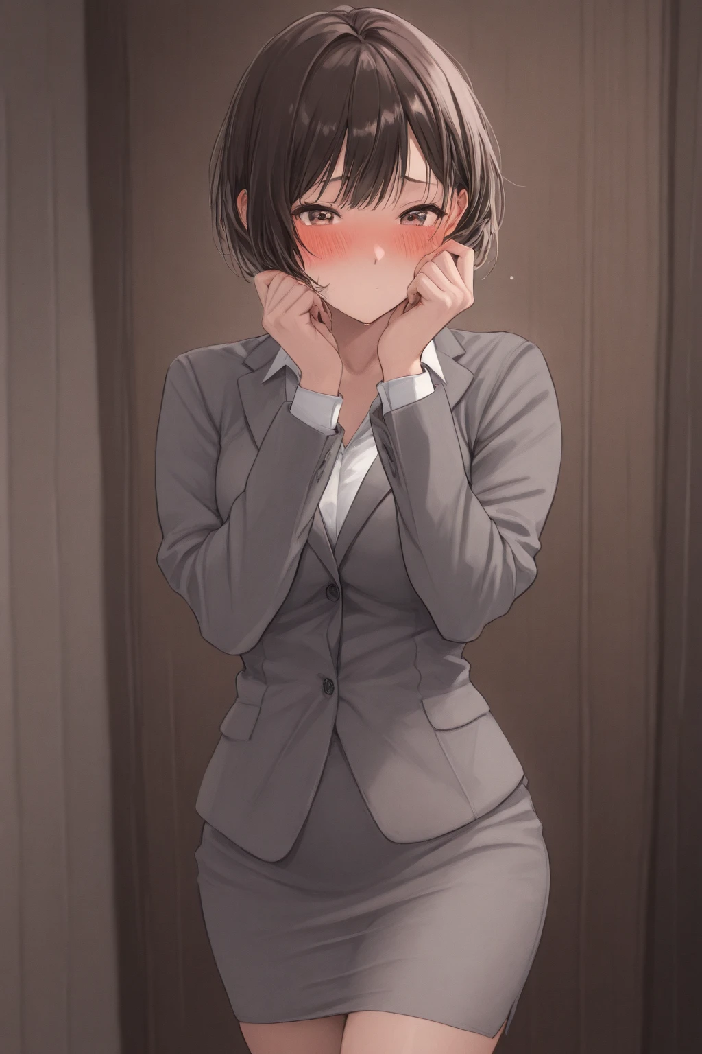 (1 person、solo), Beautiful woman, Anatomically perfect body, Slender、blouse,(office lady、pants suit:1.1), (Hands between legs), Leaning forward、Are standing、(Look down:1.1), 20-year-old、(highest quality)、Black Hair, (half updo)、(8k, High resolution)、(shy:1.4)、(steam:1.1), (embarrassed:1.3), multiple angles、(Inner thighs)