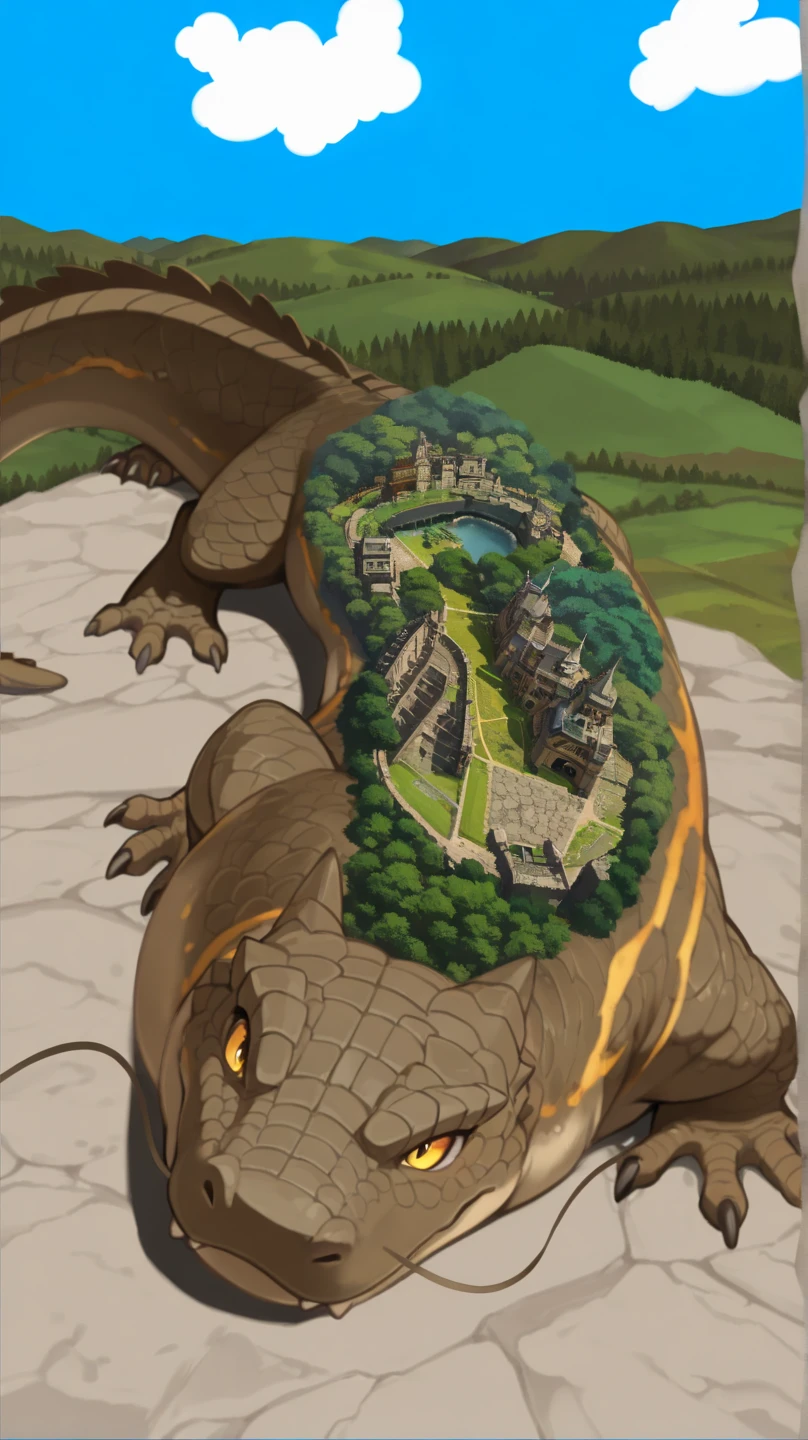  not clear(  top quality 、  masterpiece、  Hi-Res), , masterpiece,   top quality,  超 Hi-Res,  rich contrasts ,     high definition  ,8k,   Hi-ResCGユニット壁紙, Textures ,    Incredibly Foolish    , 超 Hi-Res, , deep border 1   .2, very elaborate , Functional, top quality,,,  colorful background,  high contrast,   Contrast Color , ,Ultra-fine , 16 kg, 信じられないほど Hi-Res,modern, Fantasy Creatures ,Imaginary world,super giant land dragons,giant dragons with flat shapes like sansho fish,scaly skin,背中にForestが育ち,ancient stone cities are thriving,((An ancient dragon shaped like a giant salamander))(背中にForestと古代都市が乗っている)blue sky,Prairie,Forest,((of Sakurami spreading out below)),Warm and Thick Ancient Dragon,((A dragon so huge that its back city thrives)),