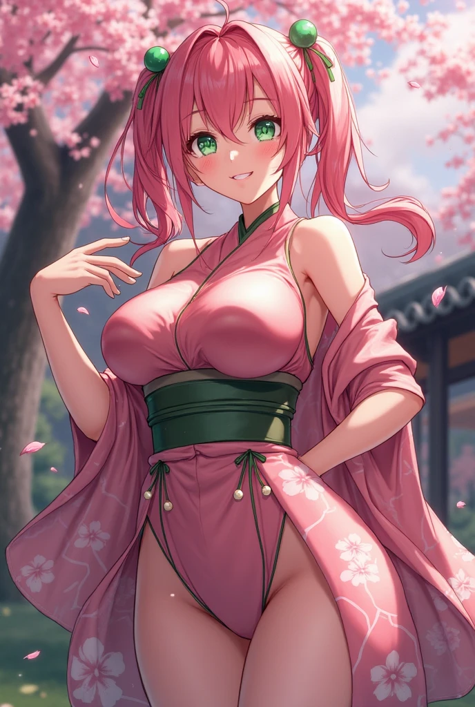 ((best quality)), ((masterpiece)), (detailed), perfect face 1girl, pink hair 1 braid to the front, pink kimono, pink hair tie, voluptuous breasts and butt, brown eyes, outside spring with cherry blossom trees
