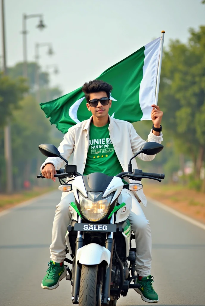 Create a real-life image: a park in Pakistan on 14 August, decorated for Independence Day. A young man sits on a green and white 125 Honda bike, holding a 14 August Pakistan flag in one hand. He's dressed in a green shirt with "Fahad" in white, white pants, and white sunglasses, celebrating with pride.