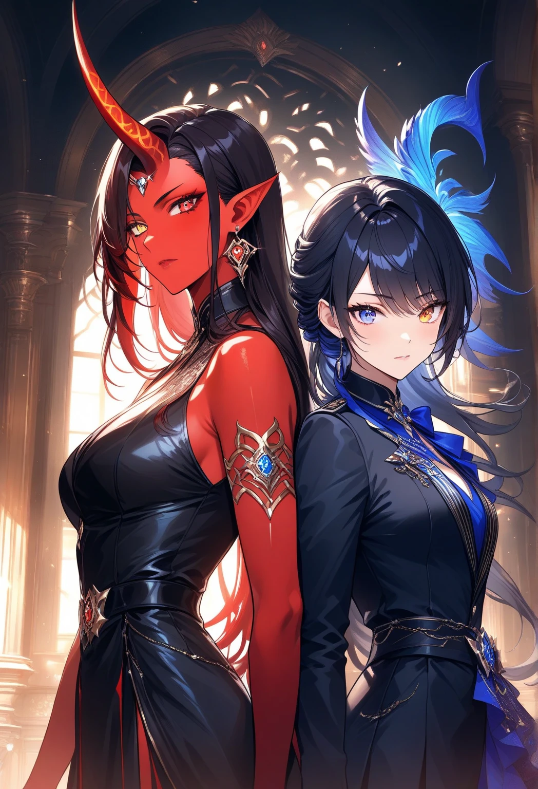(Maximalism:1.5), (masterpiece), (best quality:1.1), (ultra-detailed:1.1), (an extremely delicate and beautiful), 2girls, holding hands with each other, twins, black hair, medium hair, glowing red eyes, black oversized hoodie, white oversized hoodie, choker, sparkling earrings in ears, large gear background, super high quality, super fine detail, super fine background, incredible So absurd,