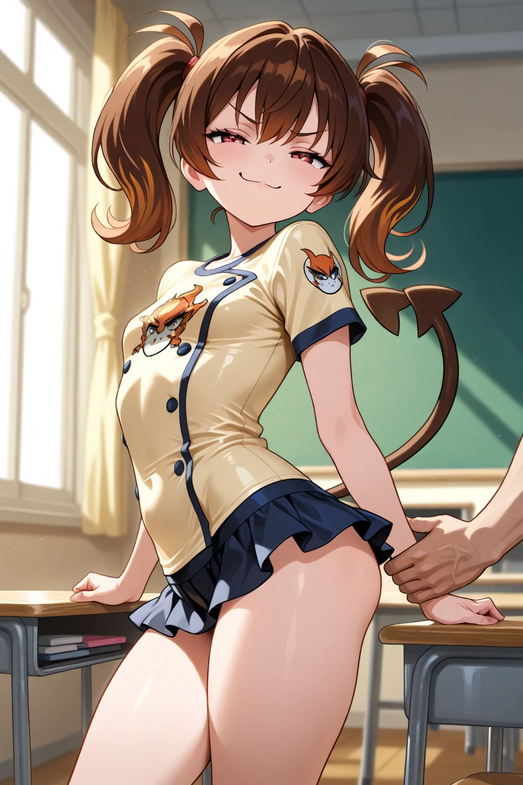 Tokai Teio \(umamusume\), ((Highly detailed eyes)), masterpiece, Highest quality, ((abnormal body, Small breasts)), (Horse tail) ,smile, blush, (indoor, office, living room), whole body, frontage, Long ponytail, (panties), (bra), (In underwear), ,((nsfw)) From behind