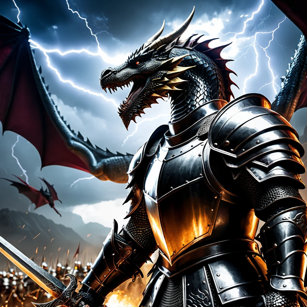 dragon shooting lightening, at soldier with shield
