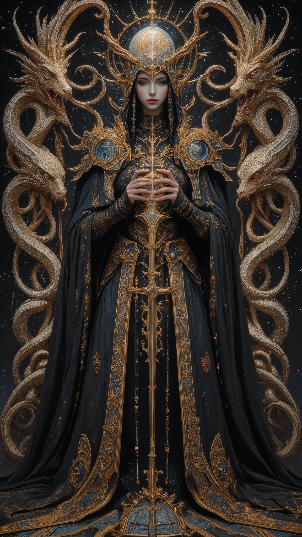 Surreal Painting,  An extravagant, mysterious female figure dressed in intricately embroidered black and white medieval clothing that fits her form perfectly , A jeweled rosary necklace with a large crucifix rests on her shoulder,Allusions to a historical or religious background or past lives, her hands are tightly gripping a very ancient illuminated book of Alchemy glowing with ancient magics and Angelic Enochian magic, with arcane graphs and suggesting studiousness and contemplation, A number of abstract shapes and dragon heads, cyclops things and creatures of myth blend seamlessly around the mysterious figure's head,Set against a vivid , an alien cosmic montage of strange vistas of backdrop, Jagged iridescent geometric shapes, The background features celestial bodies such as planets and moons,Above these shapes are disarticulated eyes,Adding to the dreamy, mysterious atmosphere, The scene is set in a dark, expansive temple open to the sky, Suggesting a journey through time and space, The contrast of light and shadow, Fantastic Mood, A visually appealing piece, Deep symbolism, Various interpretations.6