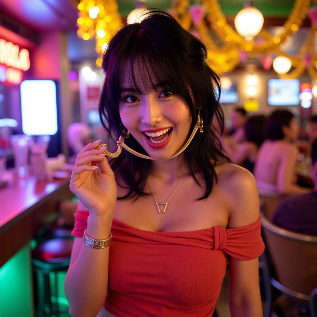 A very cute face like an idol、A 20-year-old woman who looks young、Smiling Kindly、Wearing a yukata、Cleavage、((Thighs are visible))、((I can see your pants))、night、Japan Fireworks Festival、Natural light、(whole body)、High level of artistry