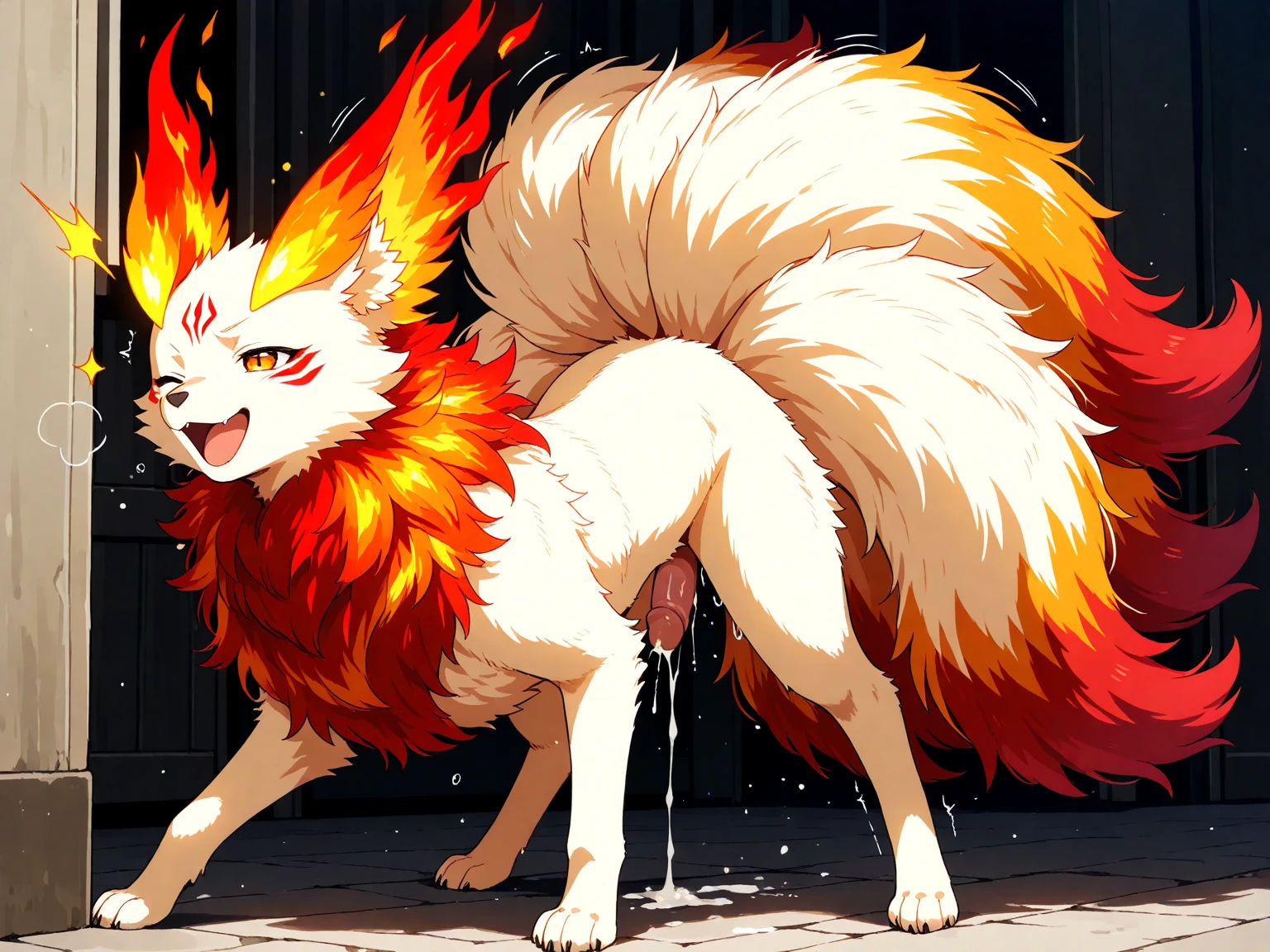 falvie, (((((feral, quadruped))))), (((thick canine penis, huge canine penis, huge balls, huge knot, hyper canine penis, very long penis, very long canine penis, excessive precum, precum squirt, precum, huge orgasm, huge cumshot, hyper canine penis ))), animal genitalia, long eyelashes, girly, feminine
asian_mythology east_asian_mythology mythology 
canid canine fox mammal will-o'-the-wisp 
ambiguous_gender blue_eyes detailed_background feral fox_spirit fur kitsunebi multi_tail paws shrine smile solo tail white_body white_fur
