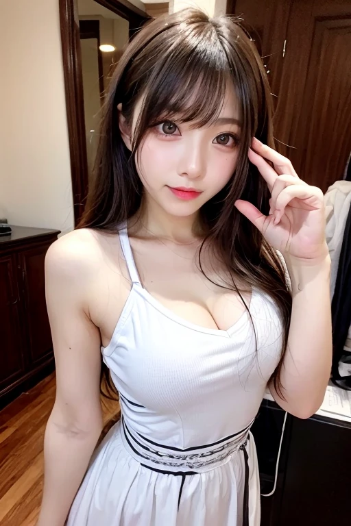 Best quality, masterpiece, ultra high res, photorealistic, a girl,  (pretty face:1.4),  (big breasts, narrow waist), long hair, indoor, bokeh, beautiful lighting, shiny skin, small head,  flash boobs,