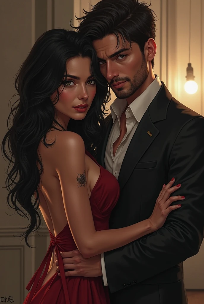 34 year old man, beautiful like Chris Wood, athletic body, blue colored eyes, dark short hair , A romantic dinner next to a stunning woman like Amy Jackson with long hair., greeneyes. Both of them wear designer clothes..