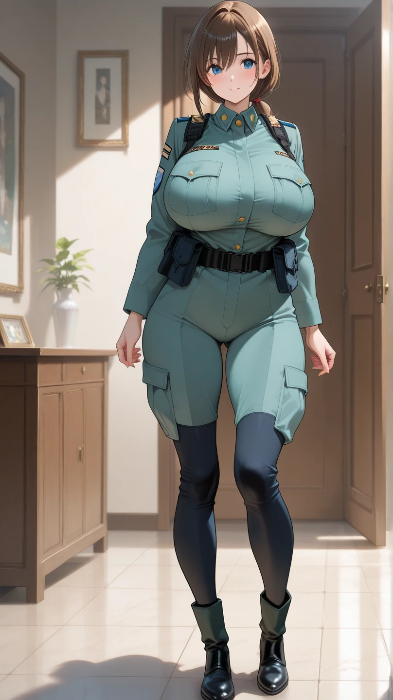 ghostbuster uniform, gigantic breasts, partially unzipped, wide hips, indoors, full body, hotel room, protopack, <lora:Ghostbuster5:0.6>
