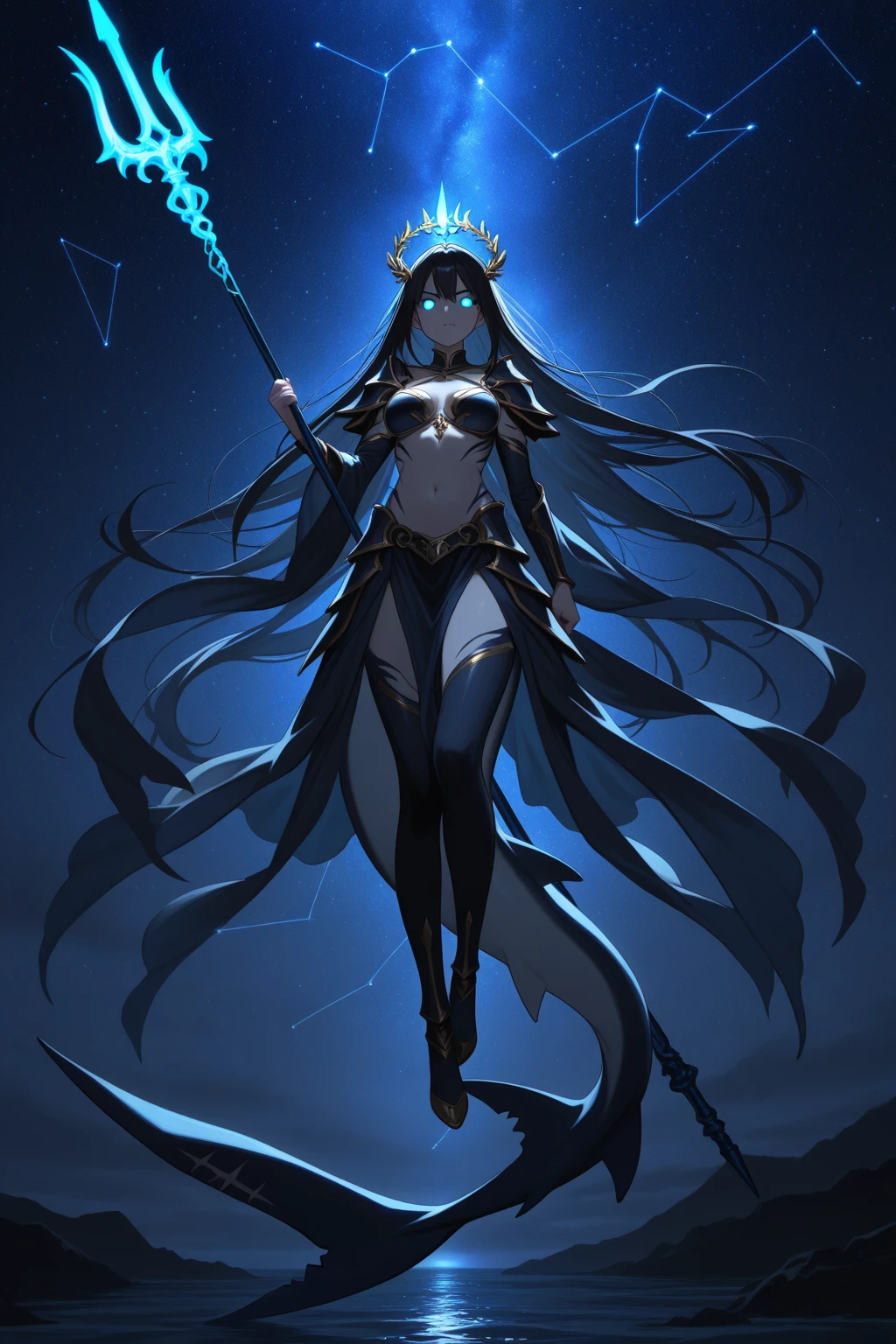 <lora:yugioh:1> (best quality:1.1), (masterpiece:1.2), anime, anime accurate, high-quality shadow, beautiful detailed, (high detailed skin, skin details), Blue skin, Black, Dark Blue robes, Black, Dark Blue tunic, Red eyes, Black, Dark Blue Cap, choker,Black, Dark Blue gloves, Black, Dark Blue Armor, Black background with Dark Blue Magic Circle, Full Body, Fusion between Dark Magician Girl, and Magician of Black Chaos or Dark Magician of Chaos, Long double bladed Sceptre 1girl, Solo, female, human, Black, Long hair, Yugioh style, Yugioh Monster, Highly Detailed, 5 fingers,