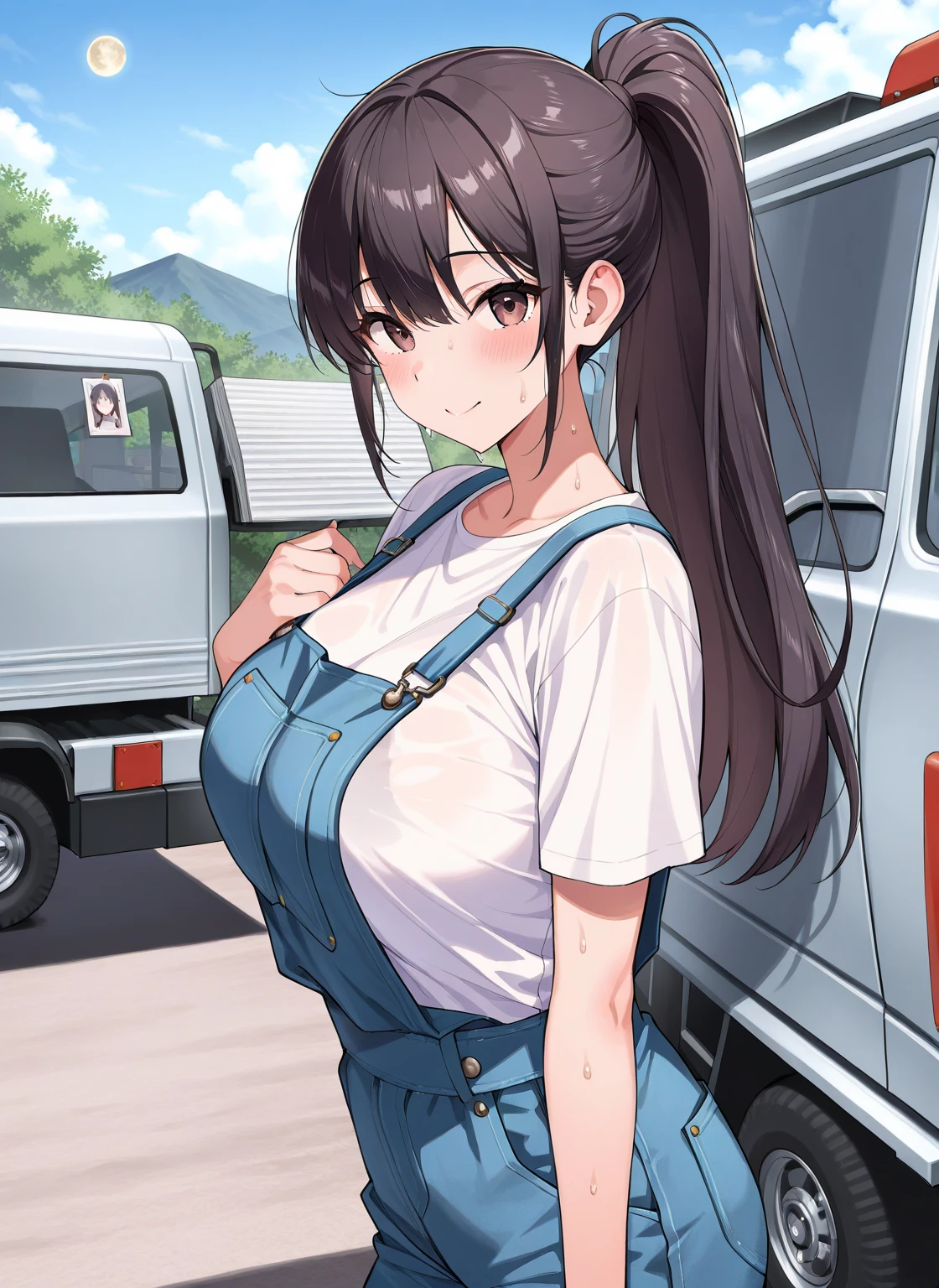 slender, mature female,blush, shirt, sky, long_hair, day, cloud, 1girl, breasts, blue_sky, brown_eyes, skirt, outdoors, rating:safe, collared_shirt, see-through, telephone_pole, white_shirt, looking_at_viewer, hair_ribbon, bangs, eyebrows_visible_through_hair, power_lines, large_breasts, ribbon, open_mouth, brown_hair, side_ponytail, cleavage, lamppost, nose_blush, rating:questionable, school_uniform, solo_focus, :o, collarbone, short_sleeves, hair_between_eyes, cloudy_sky, tree, dress_shirt, standing, wet_shirt