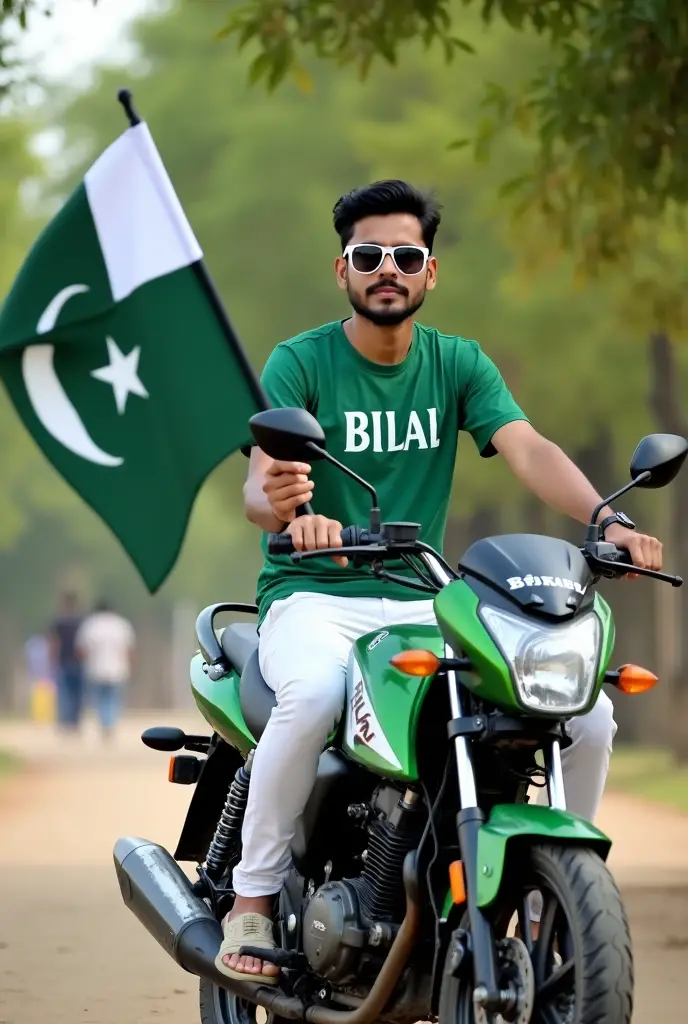 Create an Real image featuring a young man
sitting of a white and green bick,with Pakistan’s scenic background. He’s holding a flag celebrating Pakistan’s 14th August. The boy wears a green T-shirt with ‘Bilal’ printed on it, white jacket, white pants, green shoes and sunglasses.