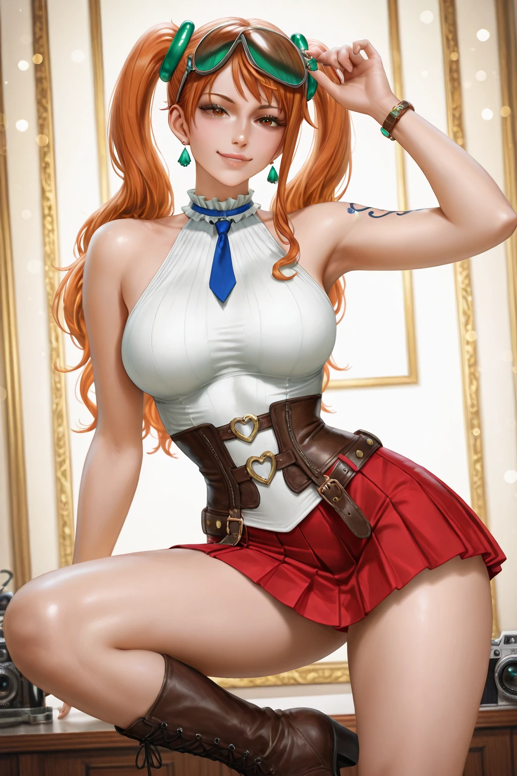 masterpiece, 3d render, highres, masterpiece, perfect lighting, bloom, cinematic lighting, upper body, cowboy shot, adult, female, looking at viewer, beautiful perfect curvy body, garterbelt, garter straps, black lingerie, frilled skirt, thighhighs, long hair, red hair, ponytail, sagging breasts, huge breast, saggy tits, perfect hands,