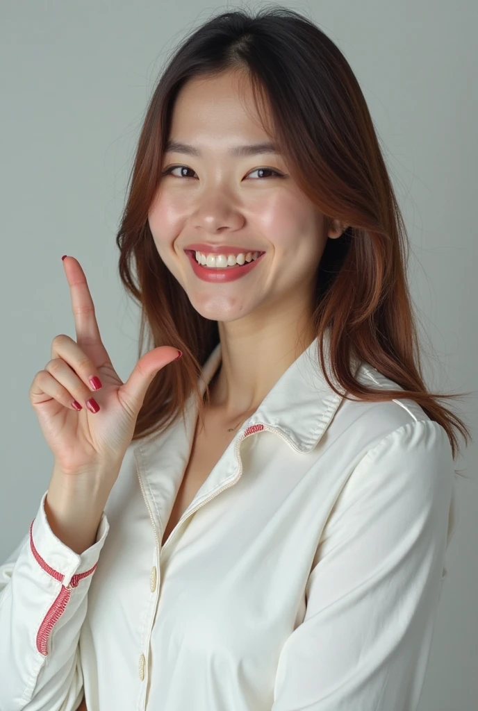 smiling woman in red jacket pointing at something with both hands, with pointing finger, wearing red jacket, portrait of modern darna, cindy avelino, pointing, wearing red attire, wearing a red outfit, casual pose, photo still, solid background, wearing red formal attire, red jacket, with index finger, young asian woman, confident action pose, photo of young woman