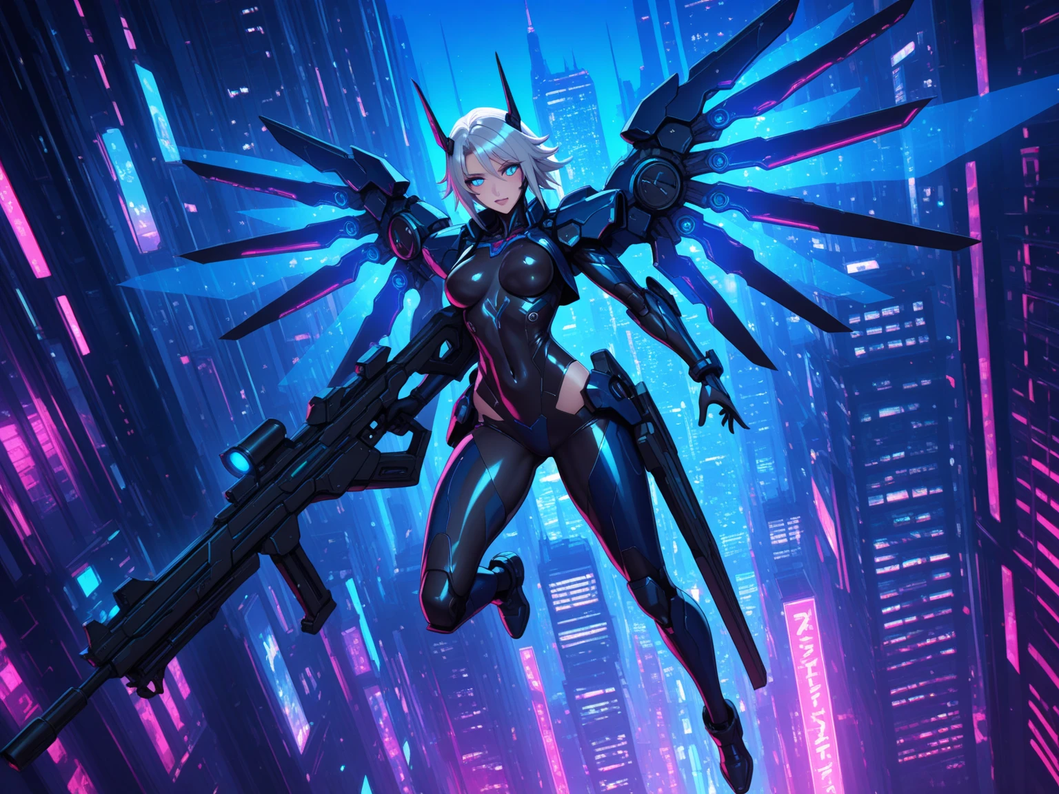 masterpiece, best quality, 穿着高科技紧身衣的女孩从high-rise飞下, neon city, high-rise, from above, Mecha Wings, short hair, sun visor,huge cleavage,huge ,Grooves reveal original skin
