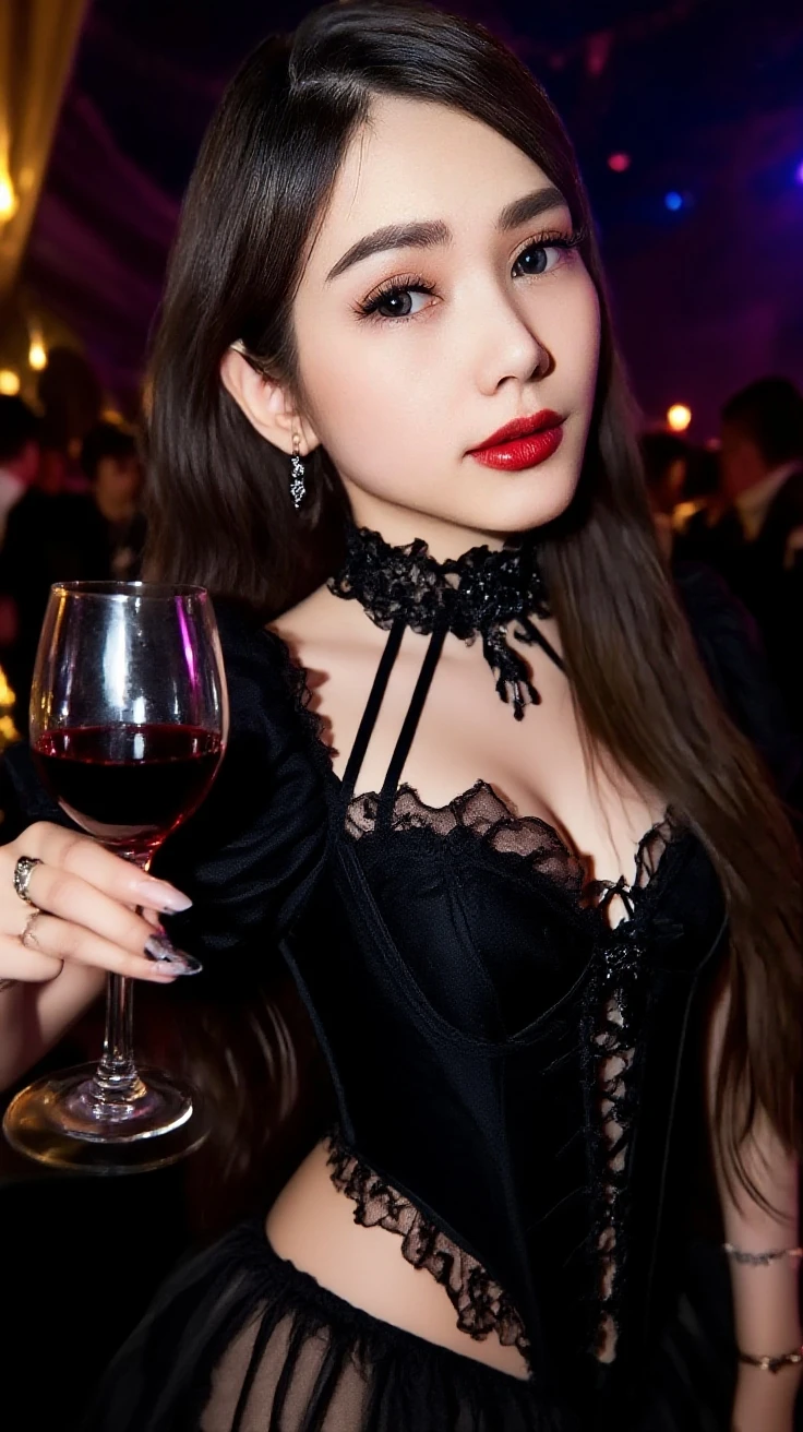 A beautiful 25-year-old vampire girl with red eyes like a demon, wearing a flowing black dress, drinks red wine.