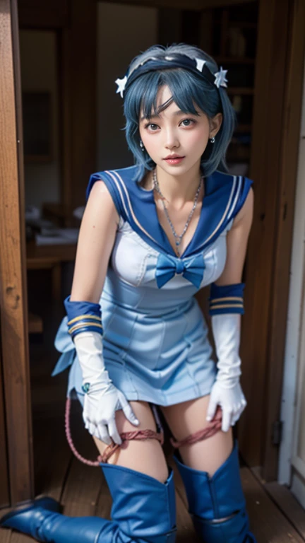 1girl,twintails,Yuki Miku, fingerless gloves, Blue eyes, blue hair,(blue dress:1.1),ribbon, star \(symbol\), (best quality, masterpiece:1.2), tianfeng1, Extremely detailed, (Practical:1.37), beautiful, youth, Glamorous model, Warm colors, ((A full body perspective,Naturally bent knees,Skin is firm and smooth)), ((In the old-fashioned room,Sit on the edge of the bed,Lean back,Support your body with your elbows)), ((Elegant and natural posture)), (big eyes, Delicate eyes, Delicate lips, Delicate eyes), Available in white with floral pattern, Show a bright smile, fit, Full breasts, ((Big breasts)), Long legs, Create a stunning picture of a girl enjoying her sleep