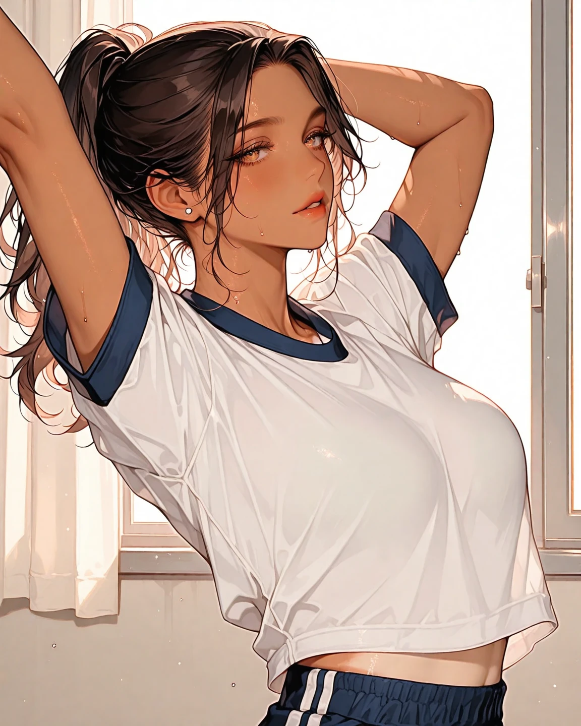 from behind,stretching,(Highest image quality,(8K),Ultra-realistic,Best Quality,High quality,High Definition,high quality texture,high detailing,Beautiful detailed,fine detailed,extremely details CG,Detailed texture,realistic representation of face,presence),gym uniform