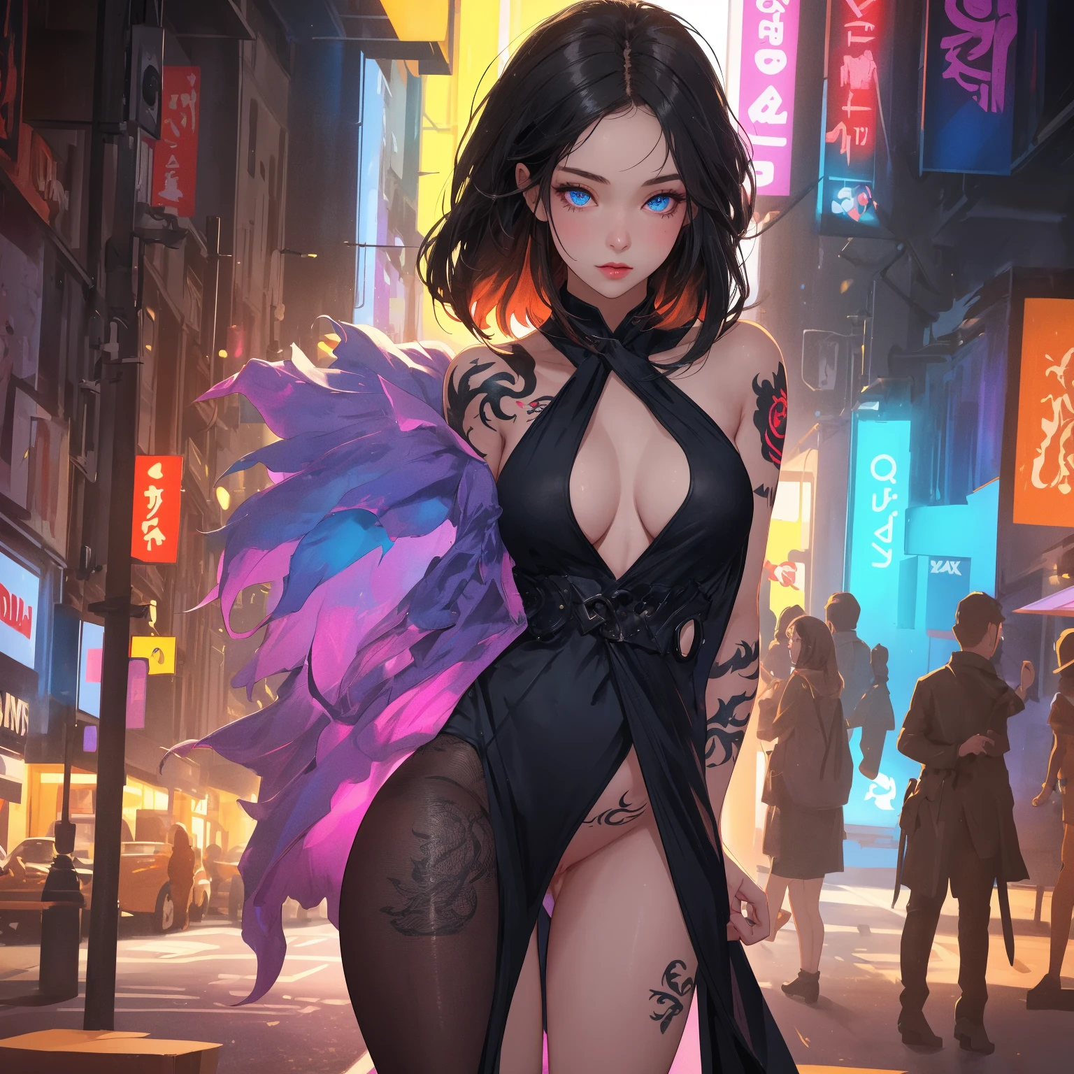 woman in evening dress,(((1woman))),((beautiful woman)),woman,1female,((milf,mom,mature,mature woman,45 years old female,adult)),

(large breasts:1.4),saggy breasts,(((black hair:1.4,hi-top fade Haircut:1.5,hi-top fade:1.5,Mohawk:1.5))),(((blue_eyes:1.3))),intricate eyes,beautiful detailed eyes,symmetrical eyes,((fat)),(((lustrous skin:1.5,bright skin: 1.5,skin tanned,shiny skin,very shiny skin,shiny body,plastic glitter skin,exaggerated shiny skin,illuminated skin,wet legs))),(spider lower abdomen,narrow waist,wide hip,imbo body,inflated legs, thick thighs,detailed body,(detailed face)),

cute,slutty,seductive,erotic,(((nsfw))),evil woman, villain, ambitious look,

((strapless draped long dress)),metallic blue dress,(((deep neckline,cleavage))),((wet clothes,intricate outfit,intricate clothes,ornate outfit,ornate clothes,embroidered outfit,embroidered clothes)),

(dynamic pose:1.0),solo focus,((smug)),(centered,scale to fit dimensions,Rule of thirds),

cyberpunk city by the ocean at night, with bright neon signs and dark stormy clouds and puddles, scenery:1.25,nighttime, starry night, cosmos,Very dark night that makes the neon lights stand out, very bright neon lights,nighttime, starry night, cosmos,

highres, sharp focus, (ultra detailed, extremely detailed), (photorealistic artwork:1.37),(extremely detailed CG unity 8k wallpaper),((synthwave background theme)),(((vibrant colors))),(intricate background),(masterpiece),(best quality),

