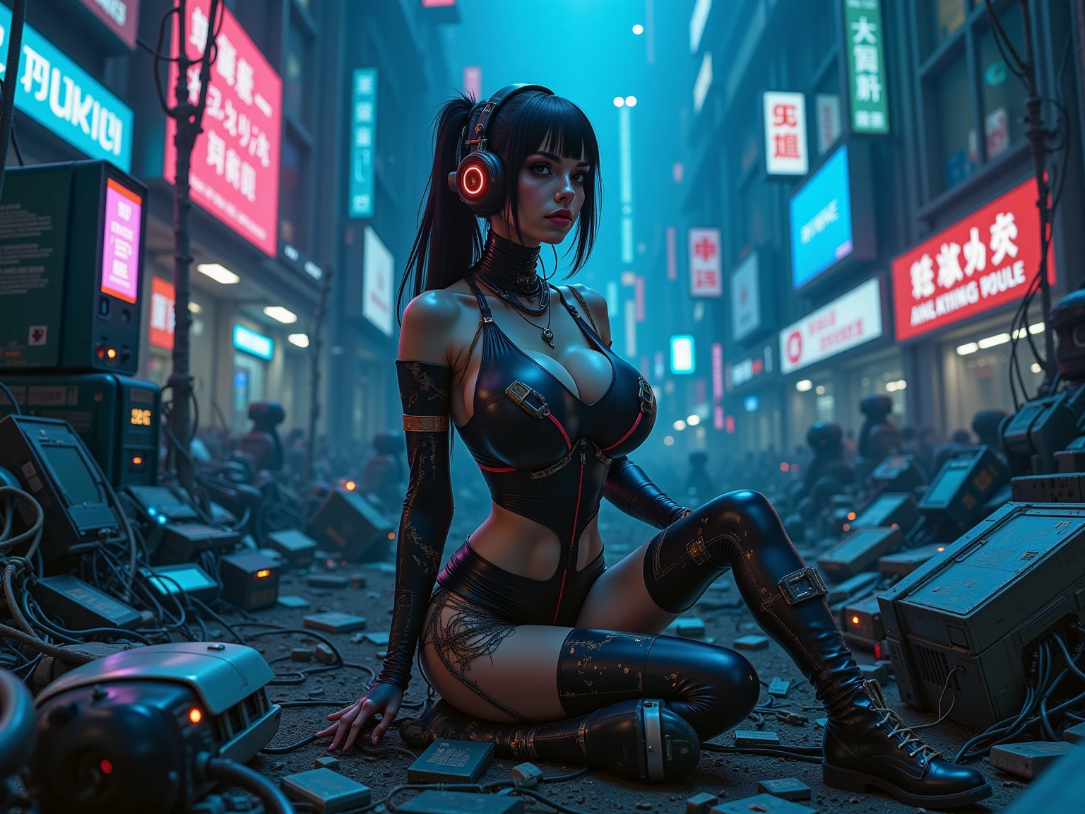 ((Masterpiece stunning Anime illustration)), ((2 extremely delicate and beautiful cybernetic Cyberpunk girl)), (2 girls), ((highly detailed face)), ((mechanical limb, mechanical vertebrae)), ((mechanical cervical attaching to neck)), (wires and cables attaching to neck:1.2), ((mass of wires and cables on head)), ((wearing colorful Harajuku tech jacket with logo)), (dynamic pose), ((cowboy shot)), (masterpiece), (((best quality))), ((ultra-detailed)), (highly detailed illustration), cinematic lighting, science fiction, extremely detailed,colorful,highest detail, (((cyberpunk city background, (Blade Runner), Harajuku district))), NSFW, eve , stellar blade, fringe hair, brown eyes, Woman sitting on her haunches, looking sexy at the camera, 