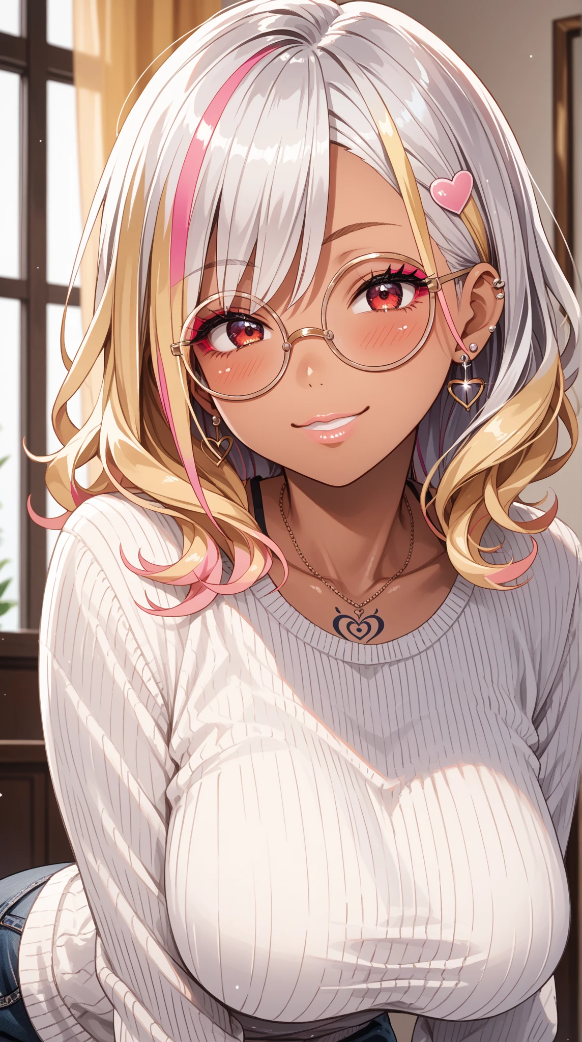 woman,14 years old,graduate school,(((white and pink tight miniskirt bodysuit))),,open mouth smile((See-through))Glasses,((Beautiful long ponytail)),((baby girl body shape))((blonde))