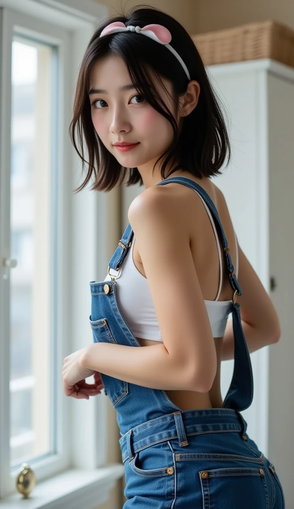 ((Exposed Big Breasts)), ((Exposed (Lateral Breasts)), ((No Bra)), (8k, Best Quality, Masterpiece: 1.2), (Realistic, Photorealistic: 1.37), Super Detailed, 1 Girl, So Young, Cute Japan Girl, Solo, Own Room, Night, (Blush), (Seduction Look: 1.15), (Closed Mouth), Beautiful Detailed Eyes, Night, No Bra, (Short Hair: 1.2), Floating hair Novafrog style, silver-gray hair, ((denim overalls))))), necklace, ((leaning forward, back on all fours with your back, butt front, angle from directly behind, back style,)), face and skin texture with detailed and realistic details, natural lighting