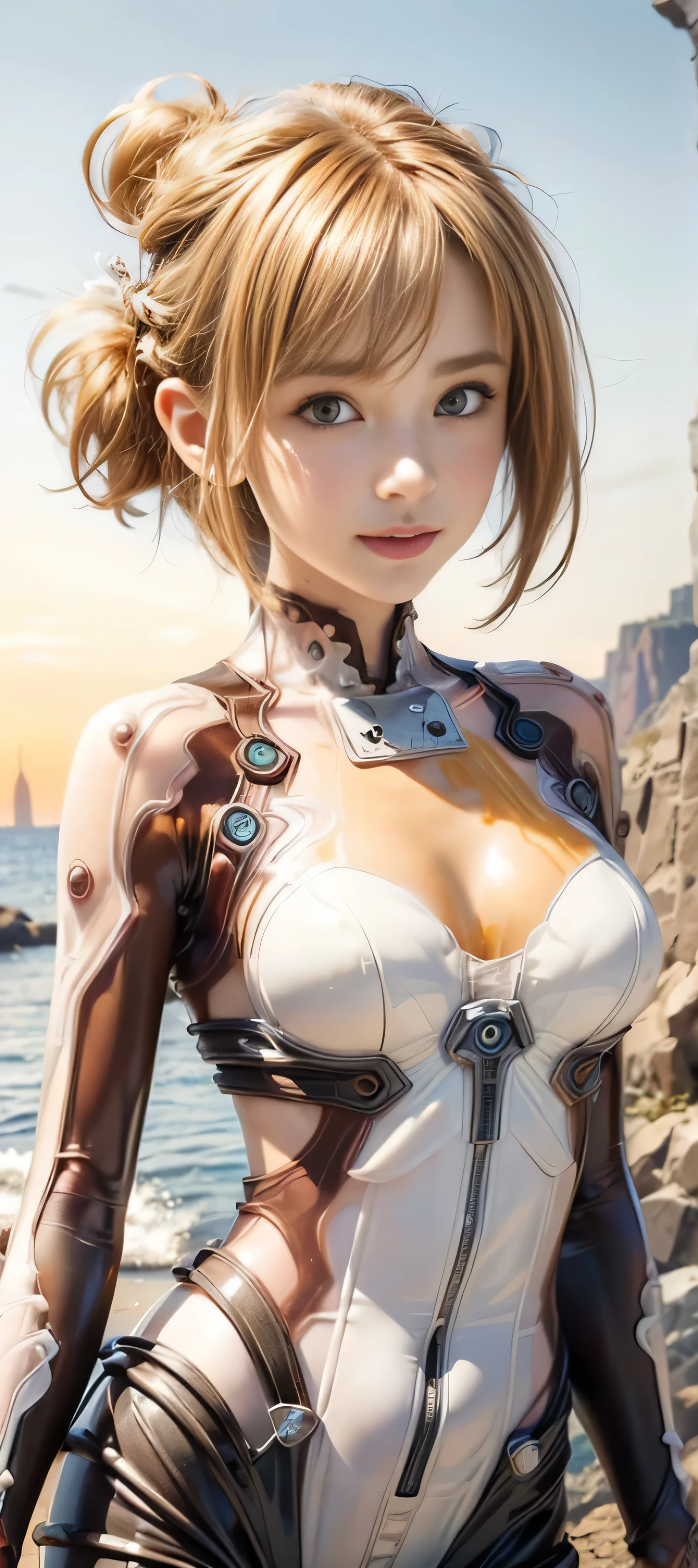 masterpiece, best quality, (realistic,photo-realistic:1.4), (RAW photo:1.2), extremely detailed CG unity 8k wallpaper, delicate and beautiful, amazing,finely detail, official art, absurdres, incredibly absurdres, huge filesize, ultra-detailed,extremely detailed eyes and face,light on face,yuuki asuna,(little smile),(caramel hair:1.4),(very short hair:1.5),(cliff background:1.5),(transparent plugsuit:1.5),(hair bun:1.5)