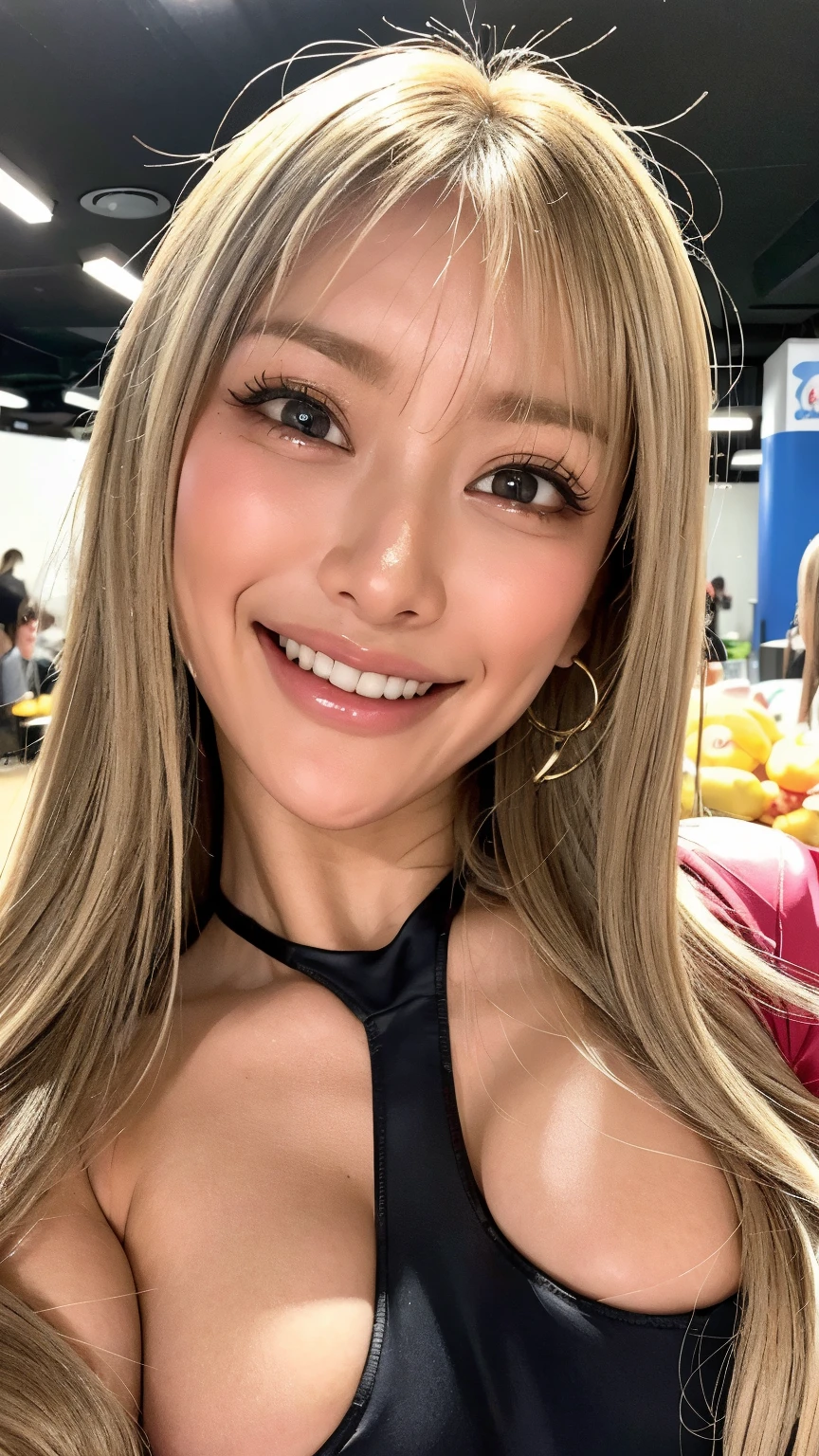 (Highest quality, 4K, 8k, High resolution, masterpiece:1.2), Very detailed, (Realistic, photoRealistic, photo-Realistic:1.37)、(((Completely naked)))、smile、Big Breasts、(blonde)、(Wavy short hair)、fellatio gesture、Make a circle in front of your mouth with one hand