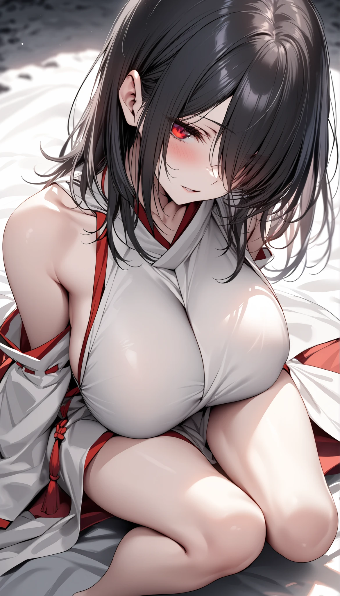 (masterpiece), (best quality), (Detail: 1.4) asaemon_sagiri, 1girl, solo, long_hair, sexy posture, white kimono with open breasts, open underwears, breasts out, heavy breathing, looking_at_viewer, black_hair, brown_eyes, upper_body, ponytail, sidelocks, japanese_clothes, kimono, big breasts, high_ponytail, black haori, bed,