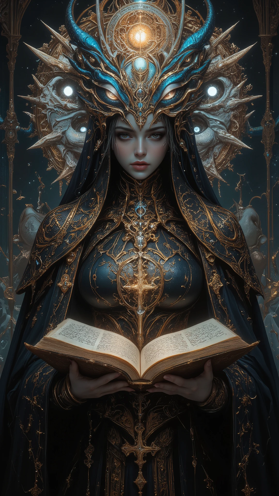 Surreal Painting, An extravagant, mysterious female figure dressed in intricately embroidered black and white medieval clothing that fits her form perfectly , A jeweled rosary necklace with a large crucifix rests on her shoulder,Allusions to a historical or religious background or past lives, her hands are tightly gripping a very ancient illuminated book of Alchemy glowing with ancient magics and Angelic Enochian magic, with arcane graphs and suggesting studiousness and contemplation, A number of abstract shapes and dragon heads, cyclops things and creatures of myth blend seamlessly around the mysterious figure's head,Set against a vivid , an alien cosmic montage of strange vistas of backdrop, Jagged iridescent geometric shapes, The background features celestial bodies such as planets and moons,Above these shapes are disarticulated eyes,Adding to the dreamy, mysterious atmosphere, The scene is set in a dark, expansive temple open to the sky, Suggesting a journey through time and space, The contrast of light and shadow, Fantastic Mood, A visually appealing piece, Deep symbolism, Various interpretations.6