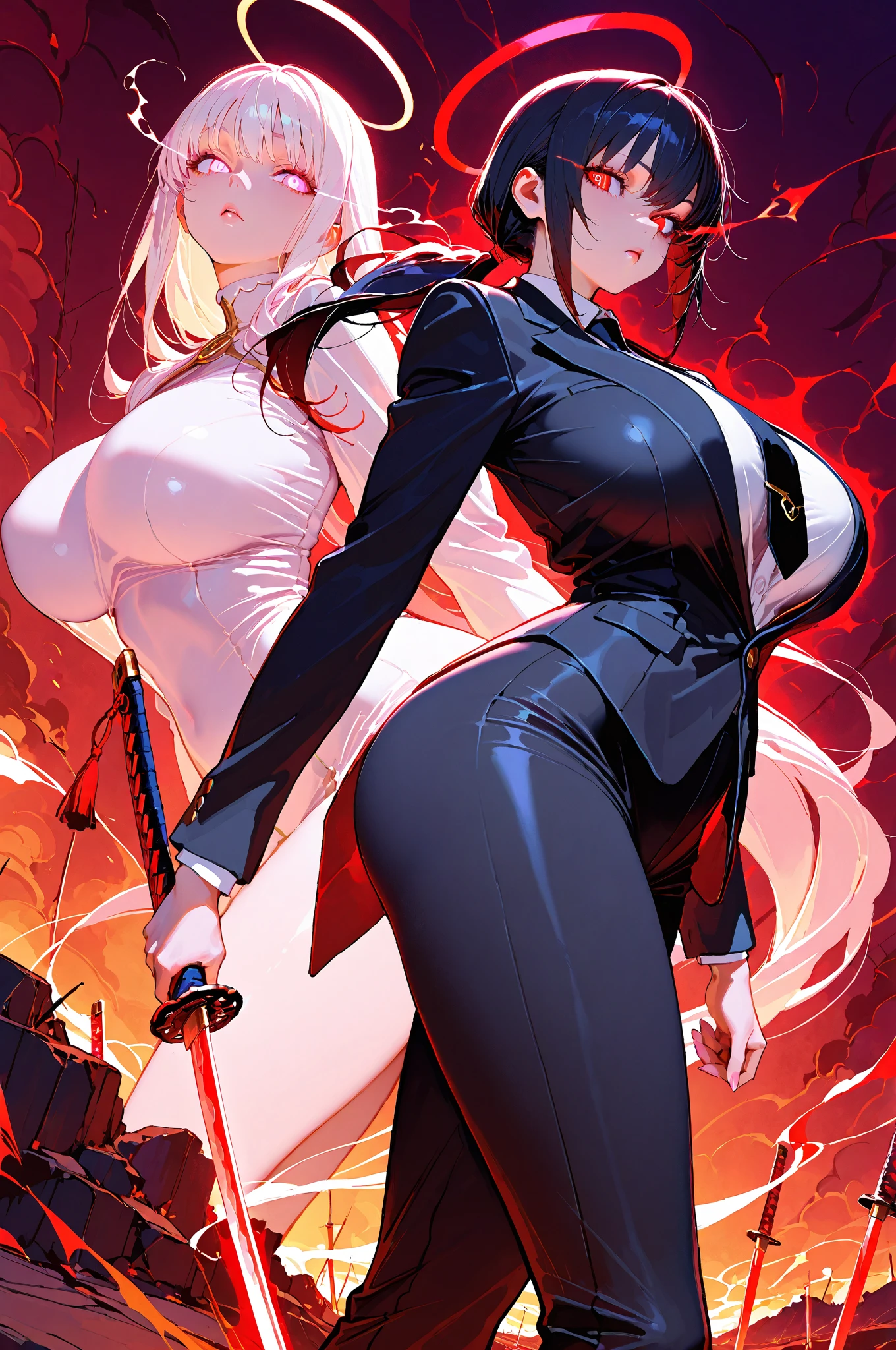 A cute girl (with big breasts) wears a cool, tight red dress, ties her hair up long, red and white hair, red eyes, smiles don't go crazy, and holds a knife.