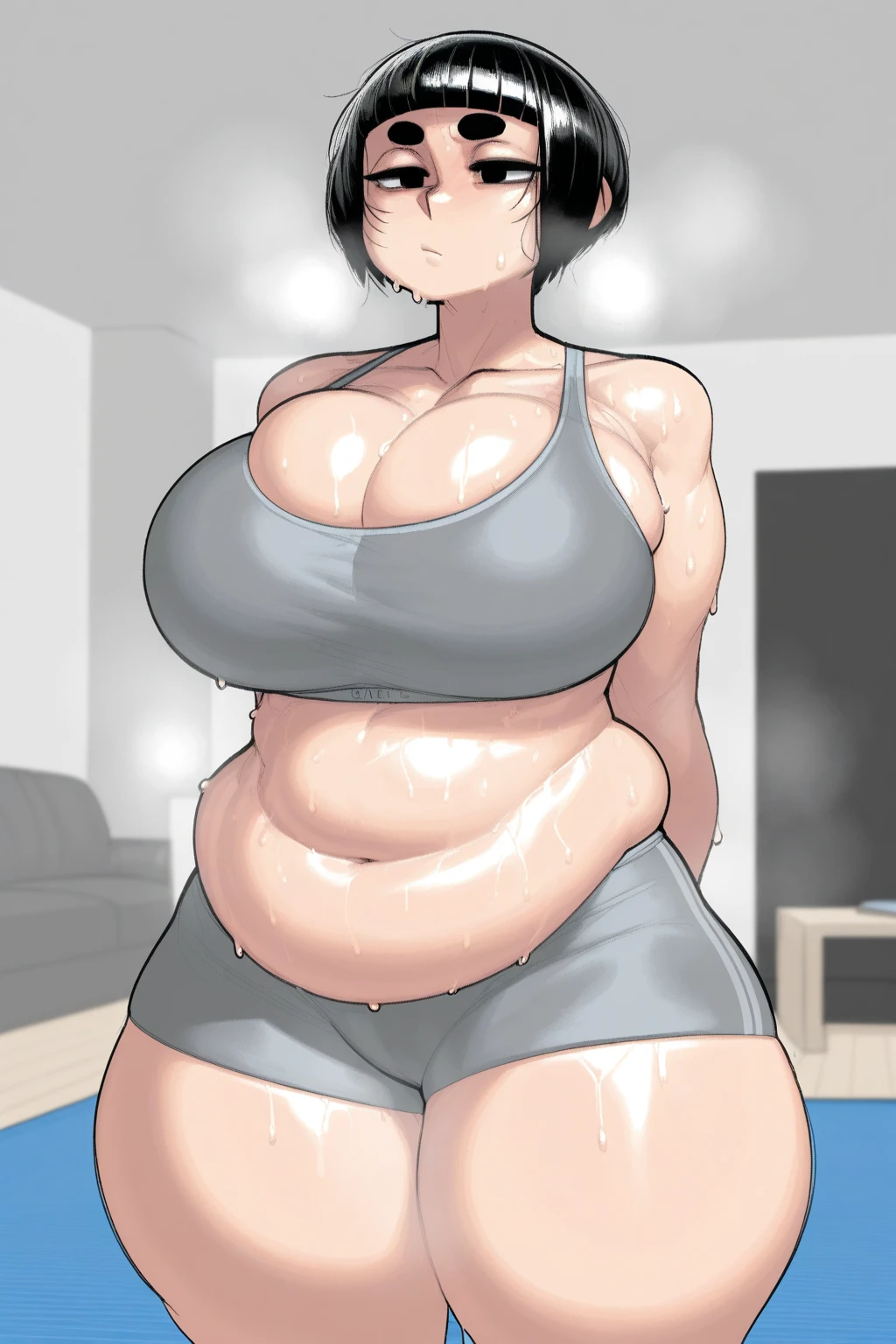 arafed woman in a black top and black panties posing for a picture, oppai, she is wearing a black tank top, oppai proportions, thicc, large breasts size, japanese model, tight black tanktop, with large breasts, with short hair, with a large breasts, sfw huge breasts, bbwchan, buxom chested, japanese