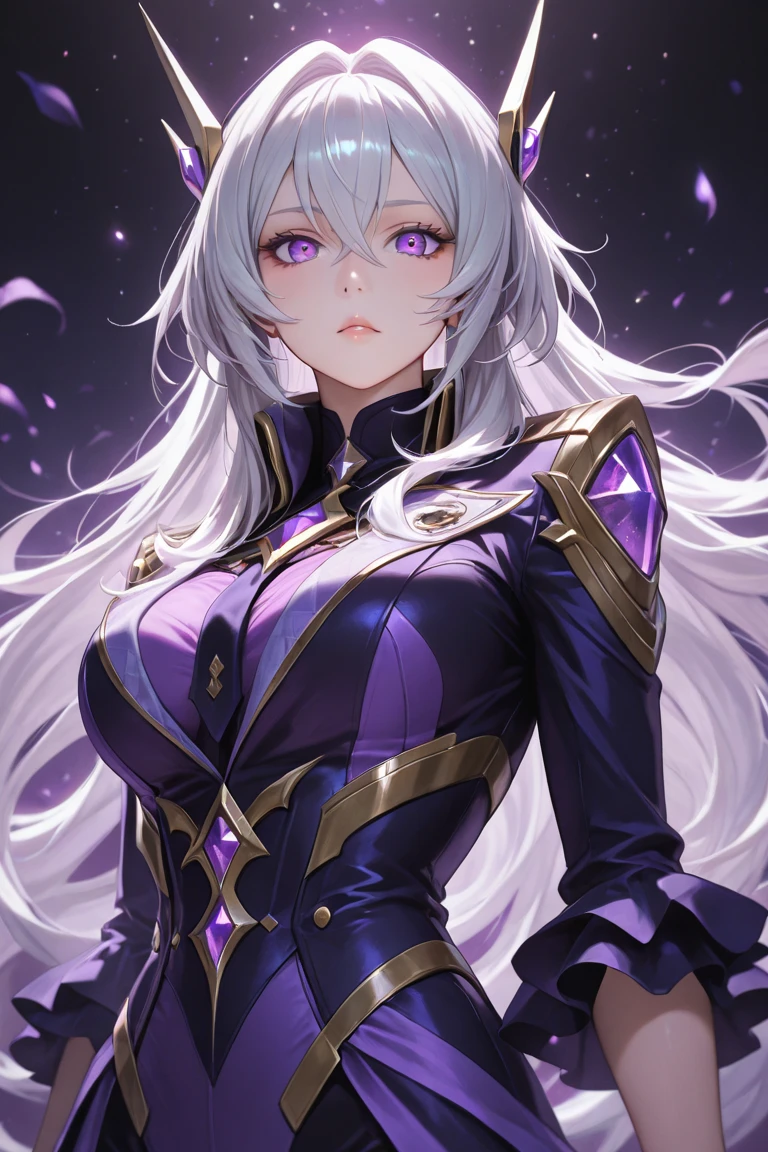 (masterpiece, best quality:1.2), 1girl, solo, Sonata, dragon girl with horns cyber vampire and nimb, purple hair, full hair