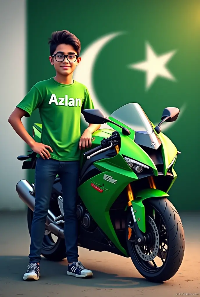 ×
SeaArt
wearing a green  colour shirt with name ayan

  and dark blue paint with  pakistani flag about 20 years old boy wearing dead
black glasses
standing with  sport bike which green colour  