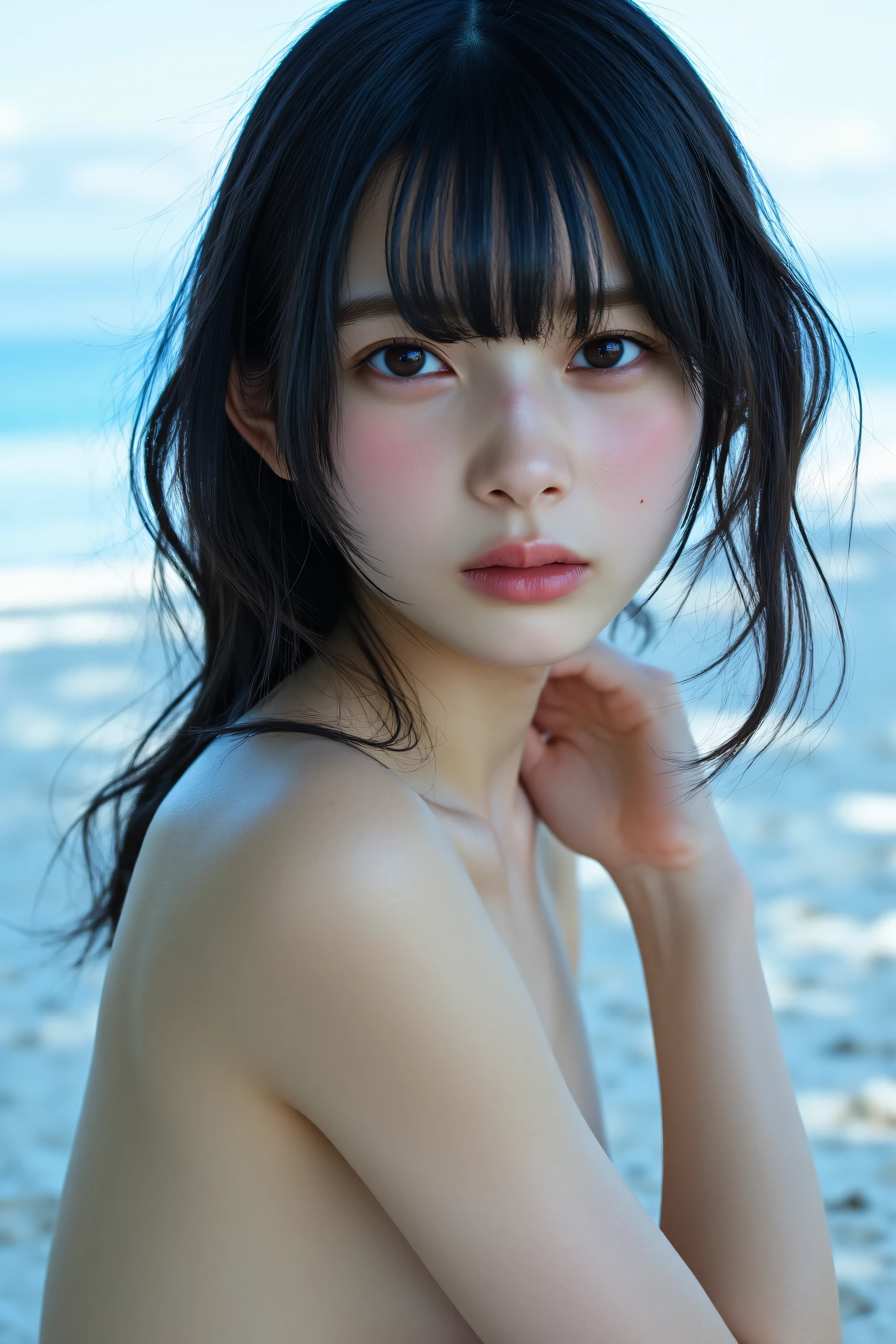 ((Highest quality)),((8K、32k)),(Genuine)、(detailed)、((Beach))、((Bust up shot))、((face closeup))、(White skin)、(Big Breasts)、The best balance between face and shoulder width、Micro Bikini、Shiny Hair、Short Bob、Glowing Skin、Japanese、beauty、Looking into the camera、Thick lips、kawaii、Hehehe:1.2、Shot with a film camera、RAW shooting、#24、Genuine、フォトGenuine:1.4、Photon Mapping、Physically Based Rendering、Perfect Anatomy、detailedなデコルテ、detailedな目、detailedな二重、detailedな咬筋、detailedな鎖骨、Perfect Fingers、Finger Description、(品質 8K)、((White skin))、Avoid mascara、Hair with movement、detailedな毛穴、Natural light、detailedな描写、Blushing、Fine pores、Perfect cleavage、masterpiece、Blushing、detailedな腹筋、sexy、detailedな脇の下、(slender)、(Upper Body)、detailedな目元、1 person、
