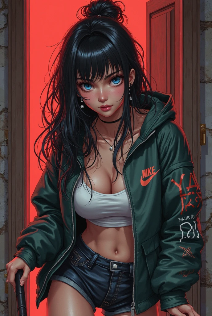 Girl is sitting on the sofa with wolf cut hair and with one piece top and wearing black paint with the north face jacket on it with normally fat