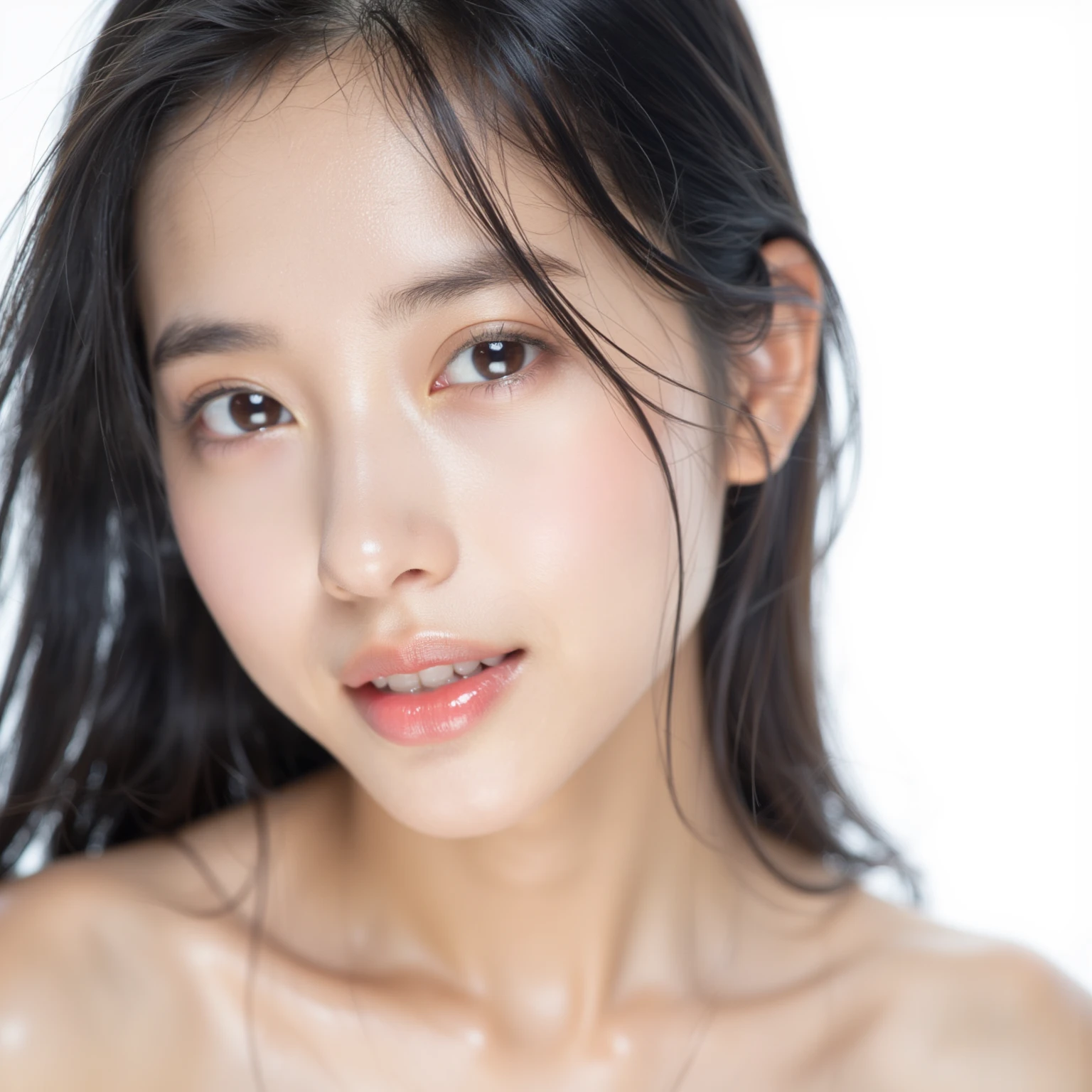 ((Highest quality, 8k, Tabletop:1.3, 2 girls, beautiful girl)), cute, dynamism, Detailed face, Detailed skin, Detailed eyes, Detailed lips, Detailed fingers, Mouth details, Detailed teeth, Detailed tongue, Round eyes, Tear bags, Realistic, RAW Photos, Natural light, Perfect Anatomy, High resolution, ((White liquid on a naked body:1.4, Partially transparent)), Silver color background, chest, twin color hair, Sitting