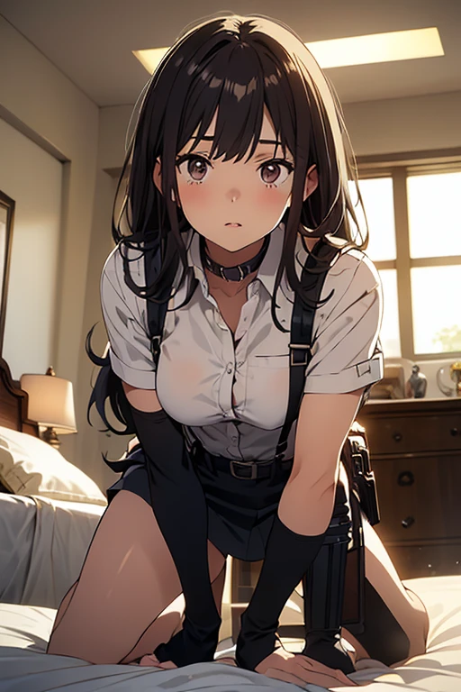 high quality, masterpiece, Ultra-high resolution, (realism: 1.4), Oil painting style, Cinema Lighting, , I stood on the empty asphalt road and looked at it., And the suspenders with the cranes flying Large Breasts Small face holster Lying in bed Looking up Sweat belt summer 脇Sweat Black Hole Gloves suit mini skirt garterbelt Leg Links ズボンにbelt holster Hands behind your back Anxious expression Looking up Anxious face Knee-high Knee socks Knee-highソックス garterbelt garter ふとももにgarterbelt