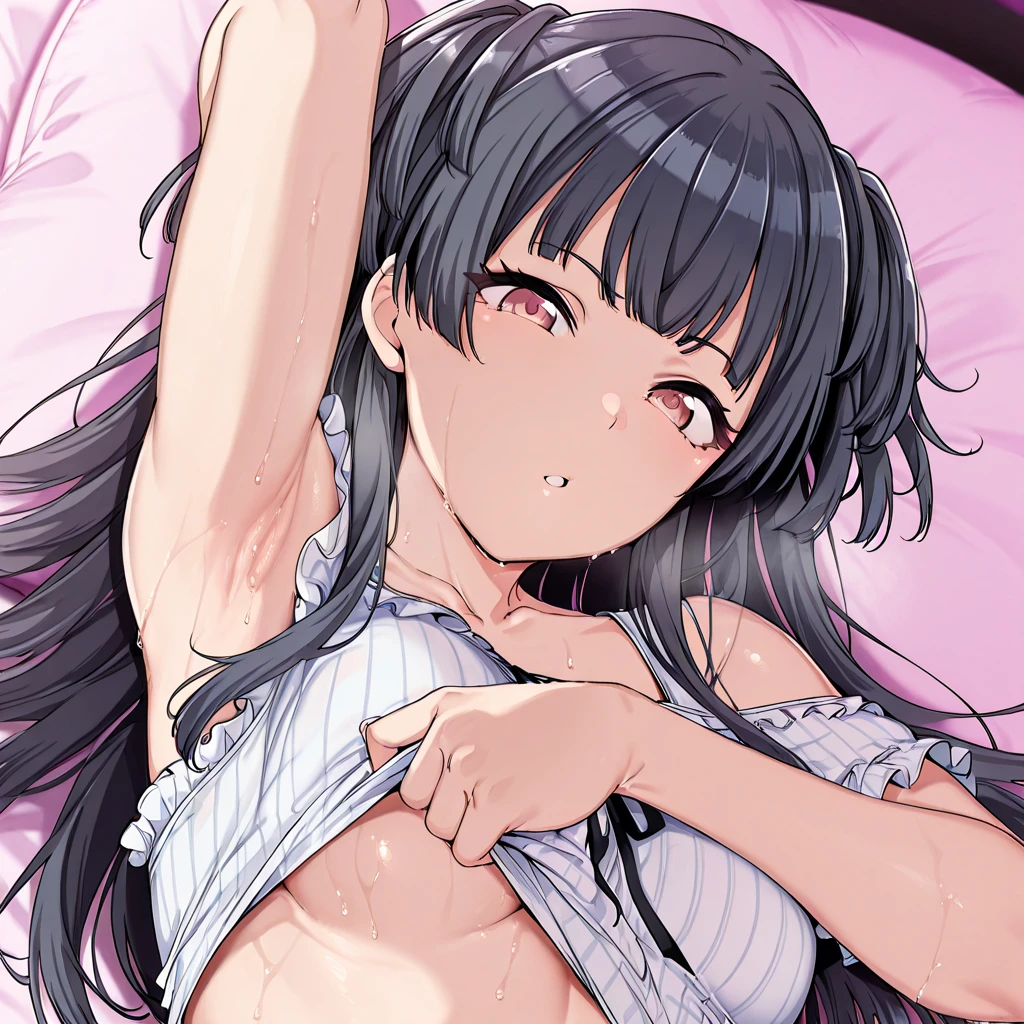 ,(((normal chest))),(((Late at night))),(((detailed description))),(((small face))),(masterpiece)),((highest quality)),((Vibrant depiction of light and shadow)), (Super detailed), ((cute)), Sleek body,(((cute))),(((beautifulボディライン))), (Detailed body line depiction), ((Detailed facial depiction)),((very detailed)),  (8K), highest quality, (beautiful),(((world class quality))), very detailed, High resolution,(((anime coloring book))),(((white skin))),(((There are a lot of used condoms on the bed.))),(((full nude))),(((show your chest))),(((Lower body naked))),(((Configuration seen from the front))),(((Composition seen from below))),(((lying in bed))),(((open your legs))),(((A small amount of pubic hair in the crotch))),(((white liquid dripping on body))),(((breast milk))),(((Detailed depiction of pubic hair))),(((blush)).(((embarrassed look))),(((Multiple condoms))),(((白い液体のdetailed description))),(((Grabbing the udder)))
